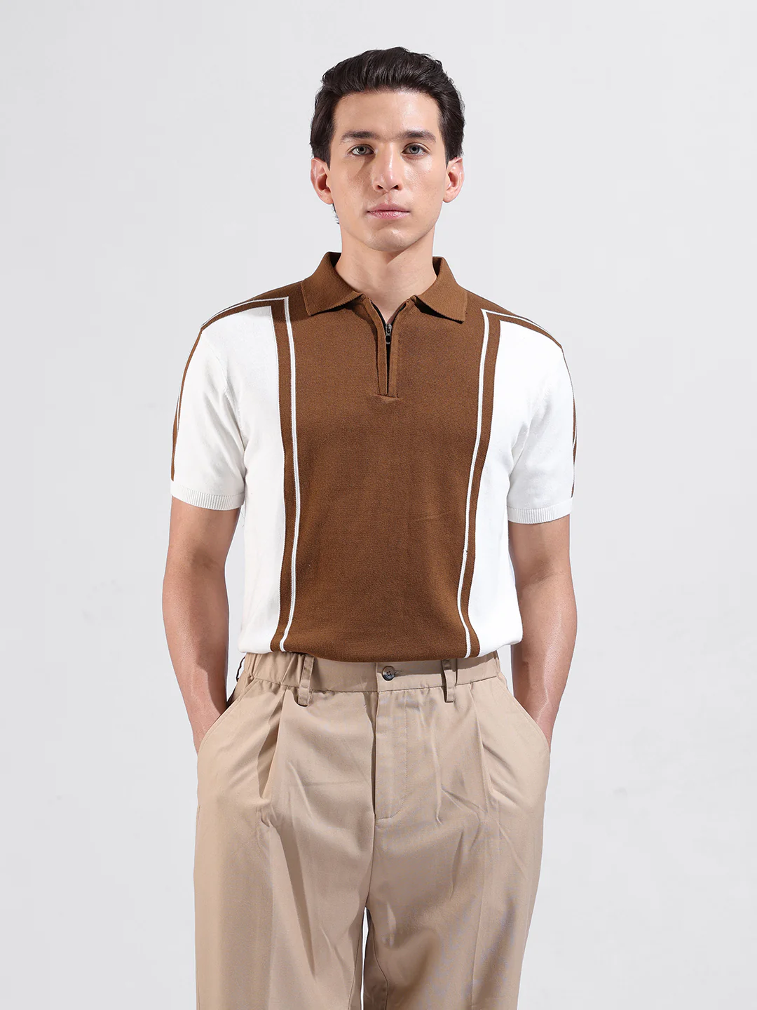 Men's White Slim Fit Colourblocked Flat Knit T-Shirt - Image 2