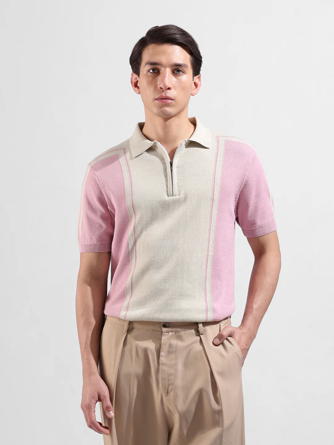 Men's Pink Slim Fit Striped Flat Knit T-Shirt - Image 2
