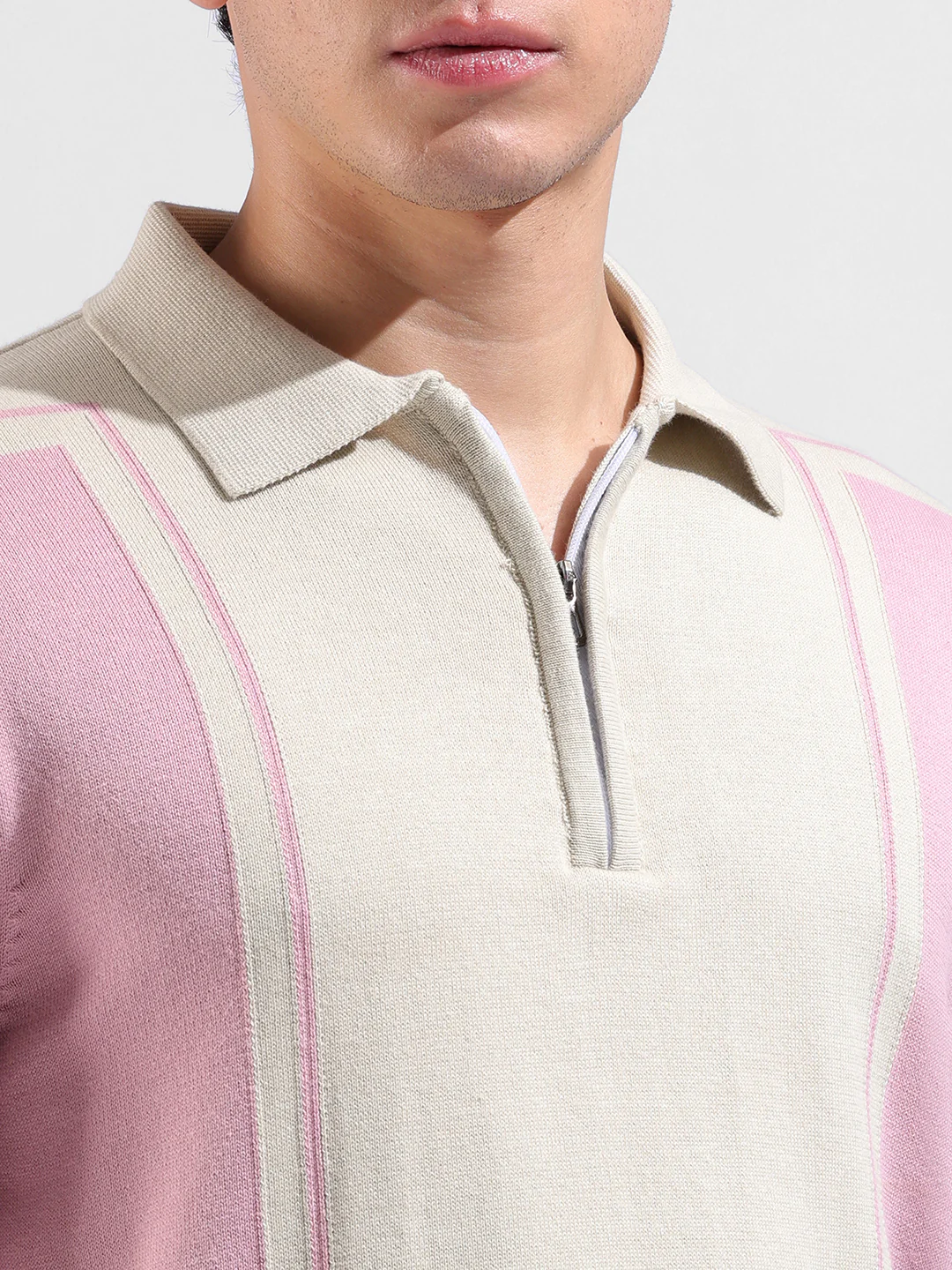 Men's Pink Slim Fit Striped Flat Knit T-Shirt - Image 3