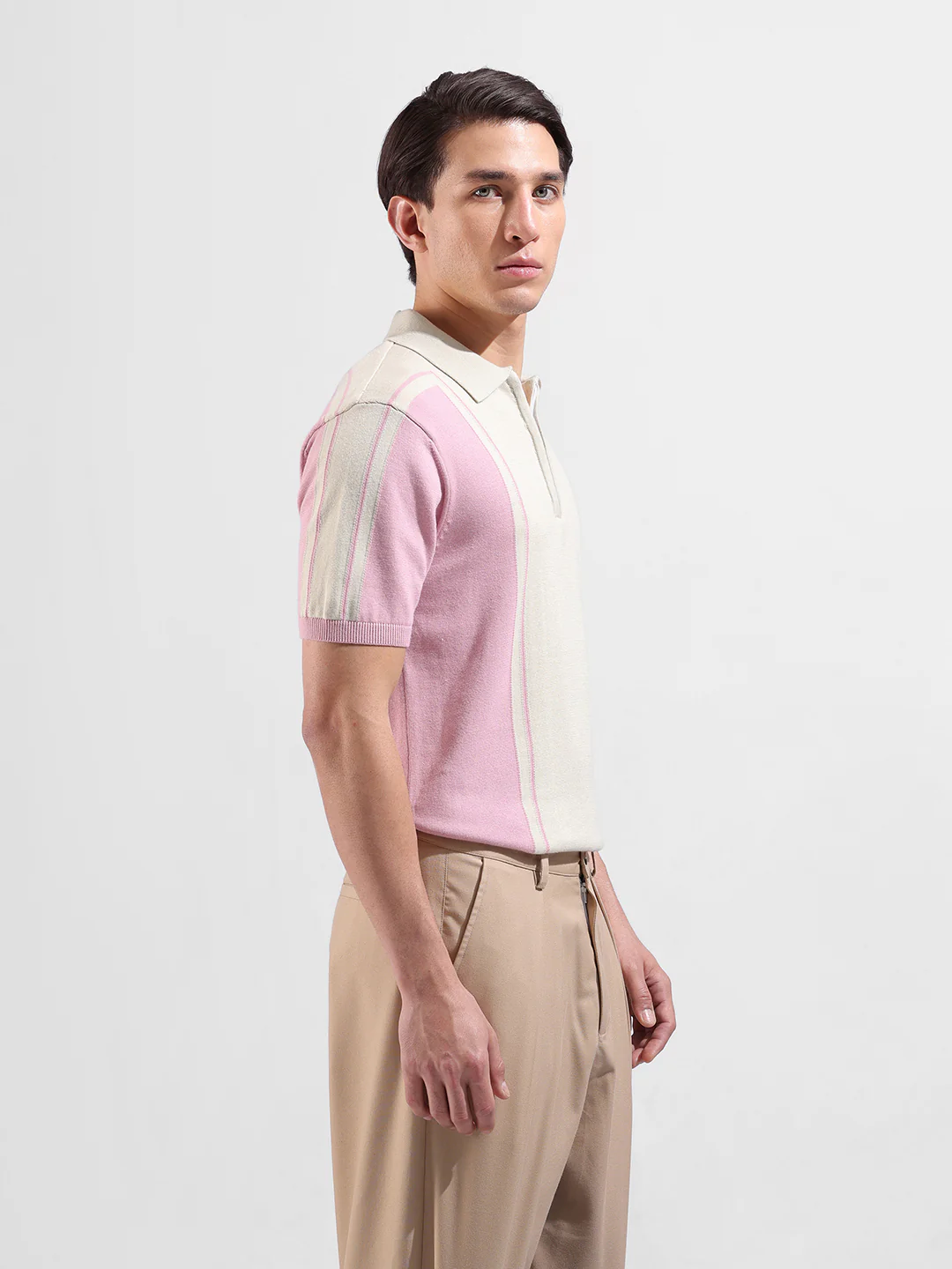 Men's Pink Slim Fit Striped Flat Knit T-Shirt - Image 4