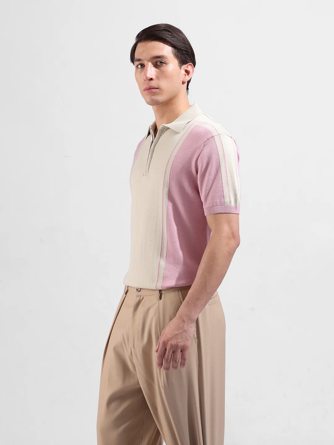 Men's Pink Slim Fit Striped Flat Knit T-Shirt - Image 5