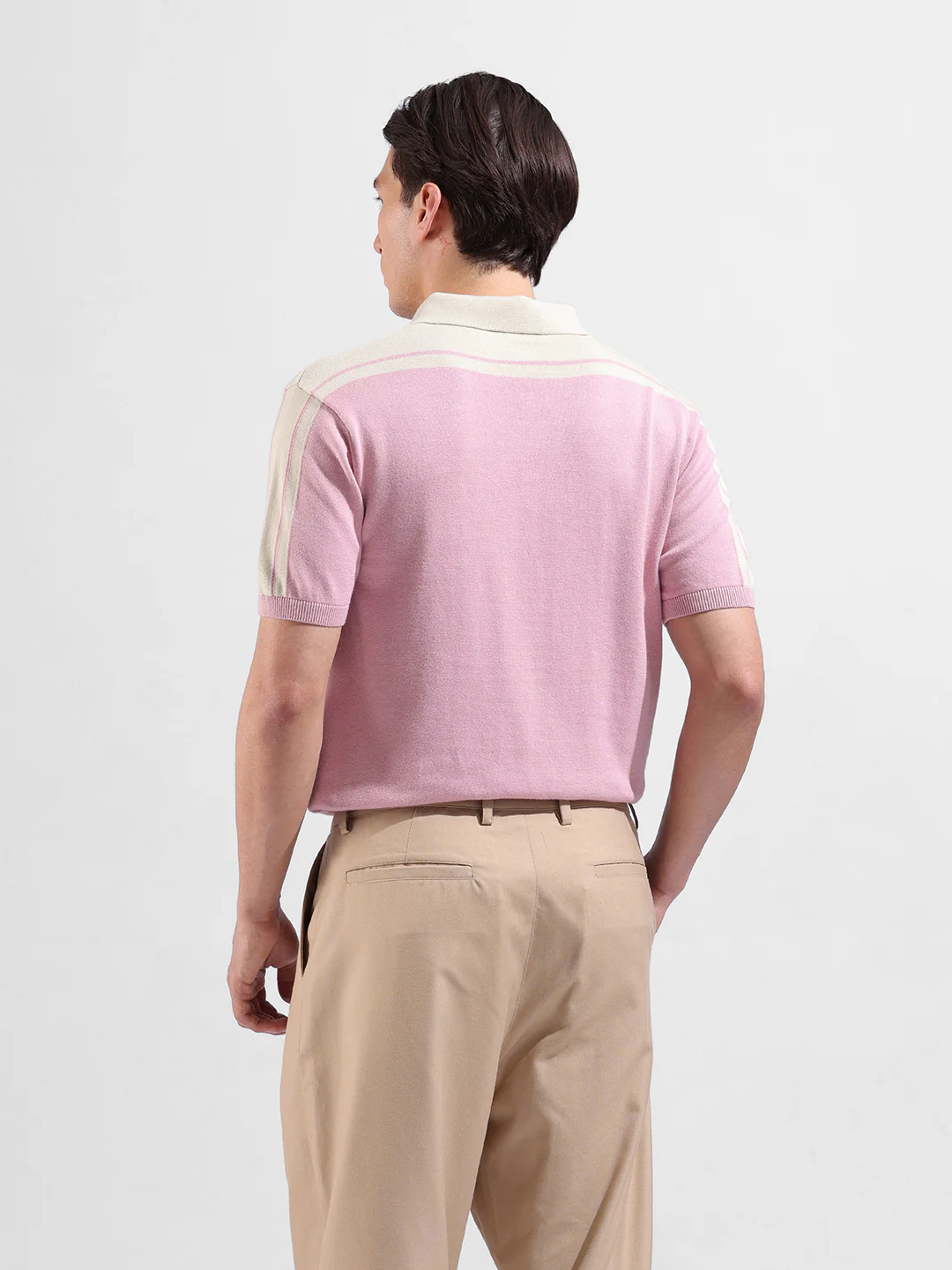 Men's Pink Slim Fit Striped Flat Knit T-Shirt - Image 6