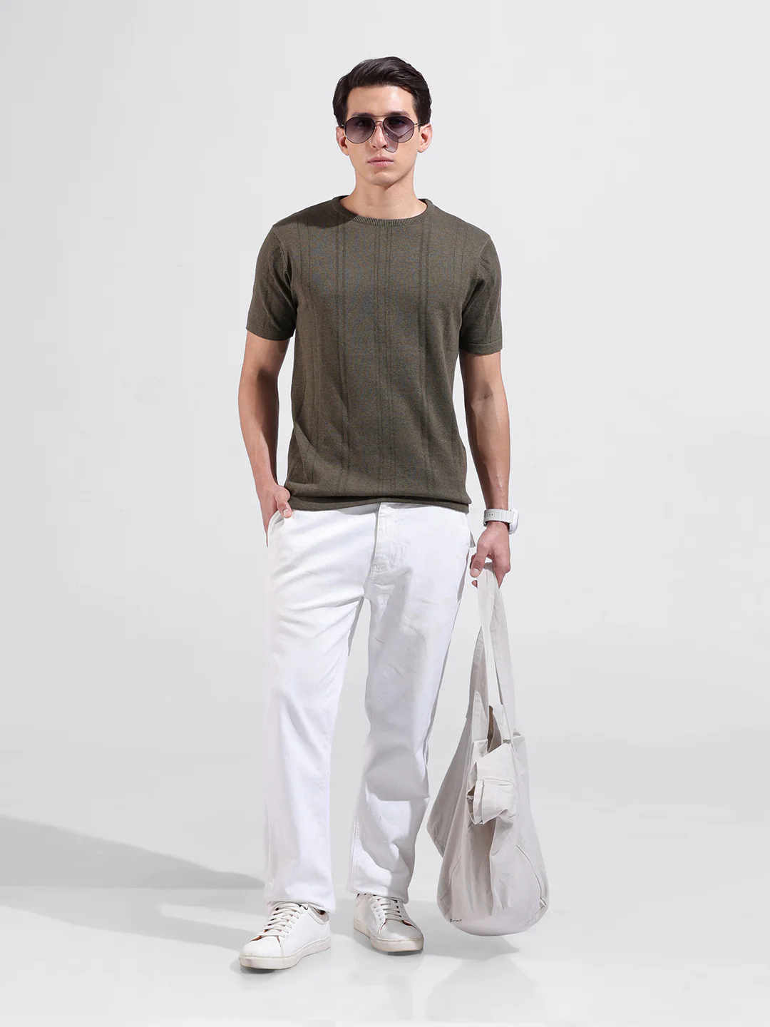 Men's Green Slim Fit Solid Flat Knit Crew Neck T-Shirt - Image 5