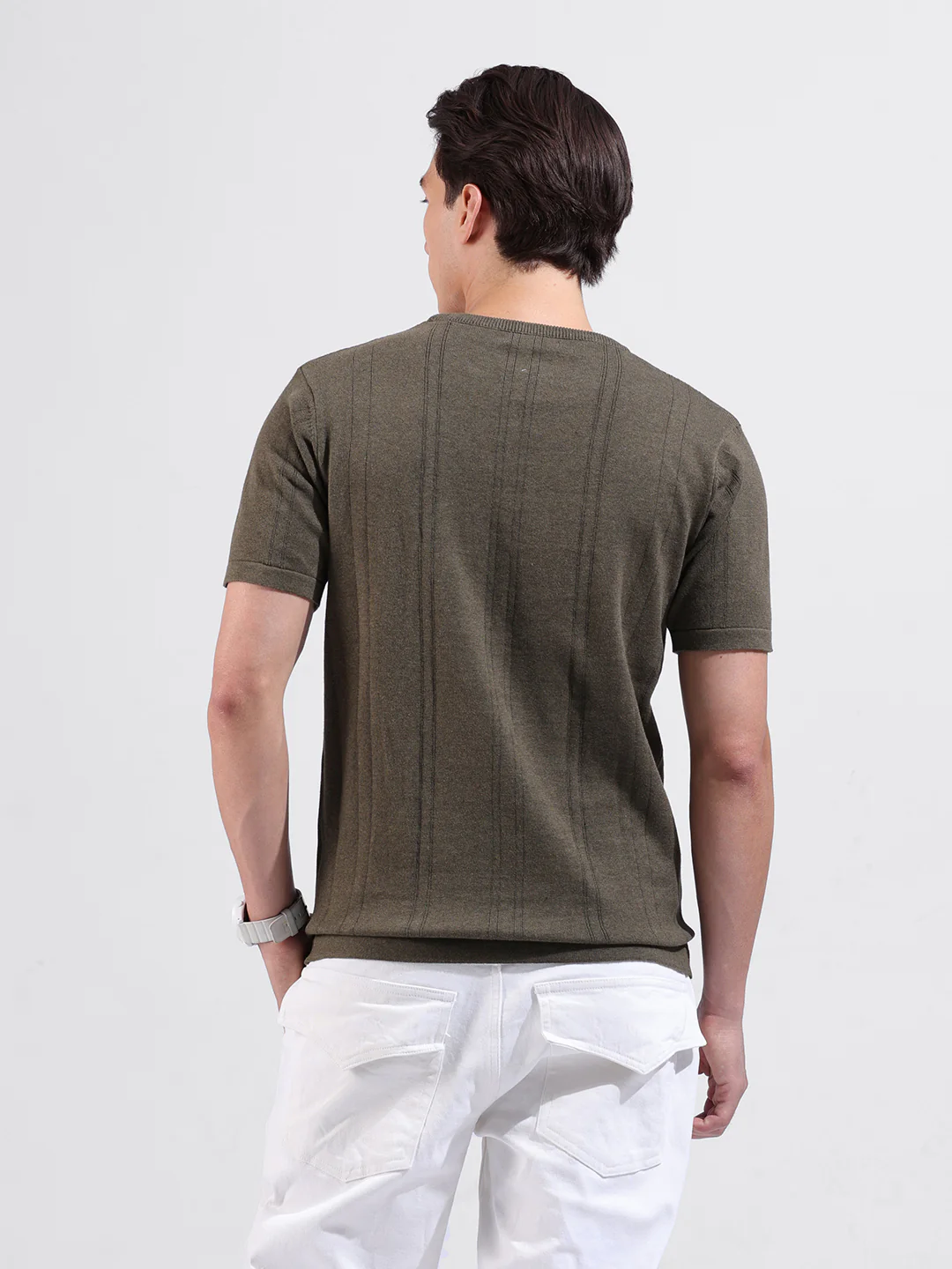 Men's Green Slim Fit Solid Flat Knit Crew Neck T-Shirt - Image 6