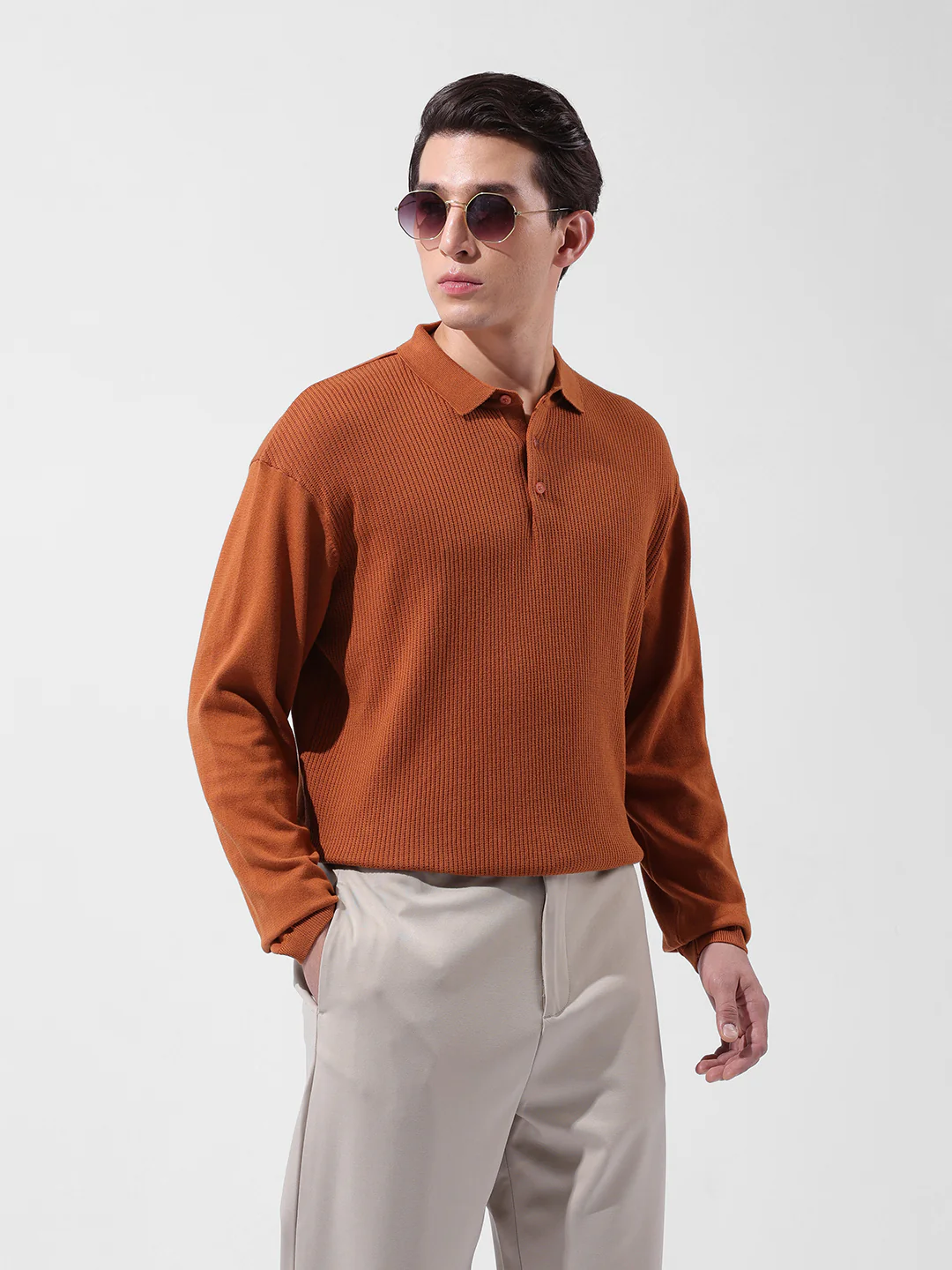 Men's Rust Oversized Fit Striped Flat Knit T-Shirt - Image 2