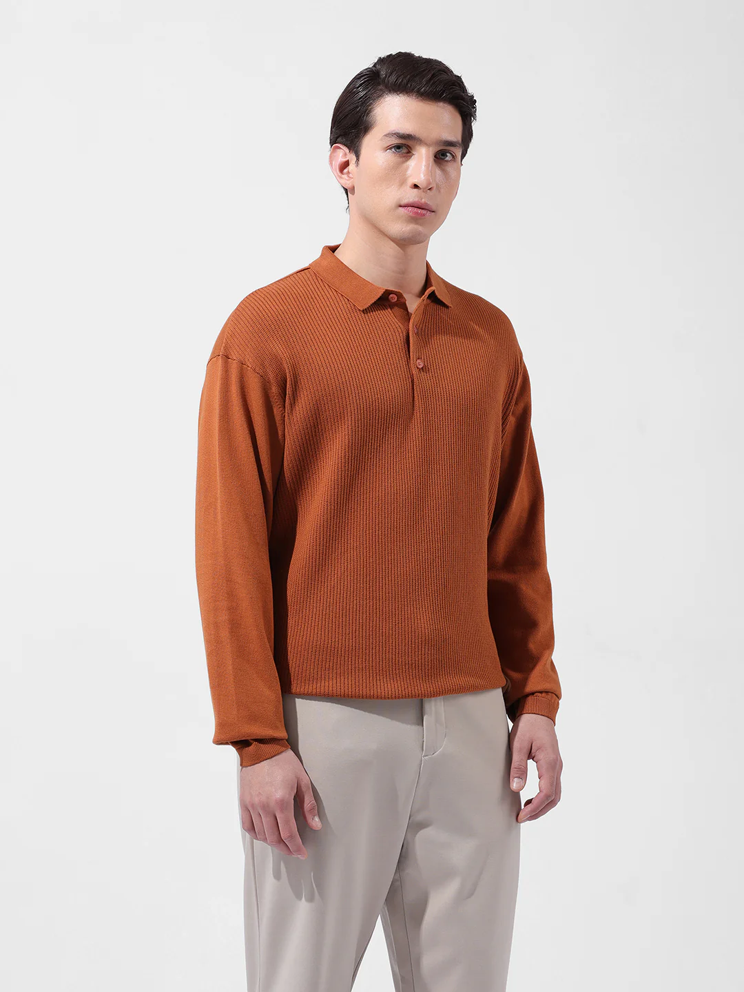 Men's Rust Oversized Fit Striped Flat Knit T-Shirt - Image 3