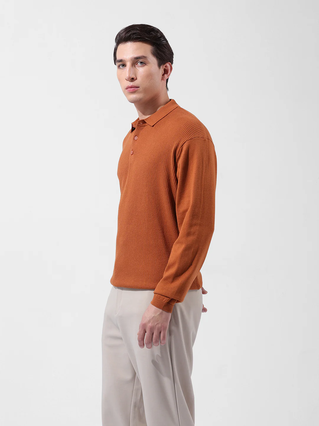 Men's Rust Oversized Fit Striped Flat Knit T-Shirt - Image 4