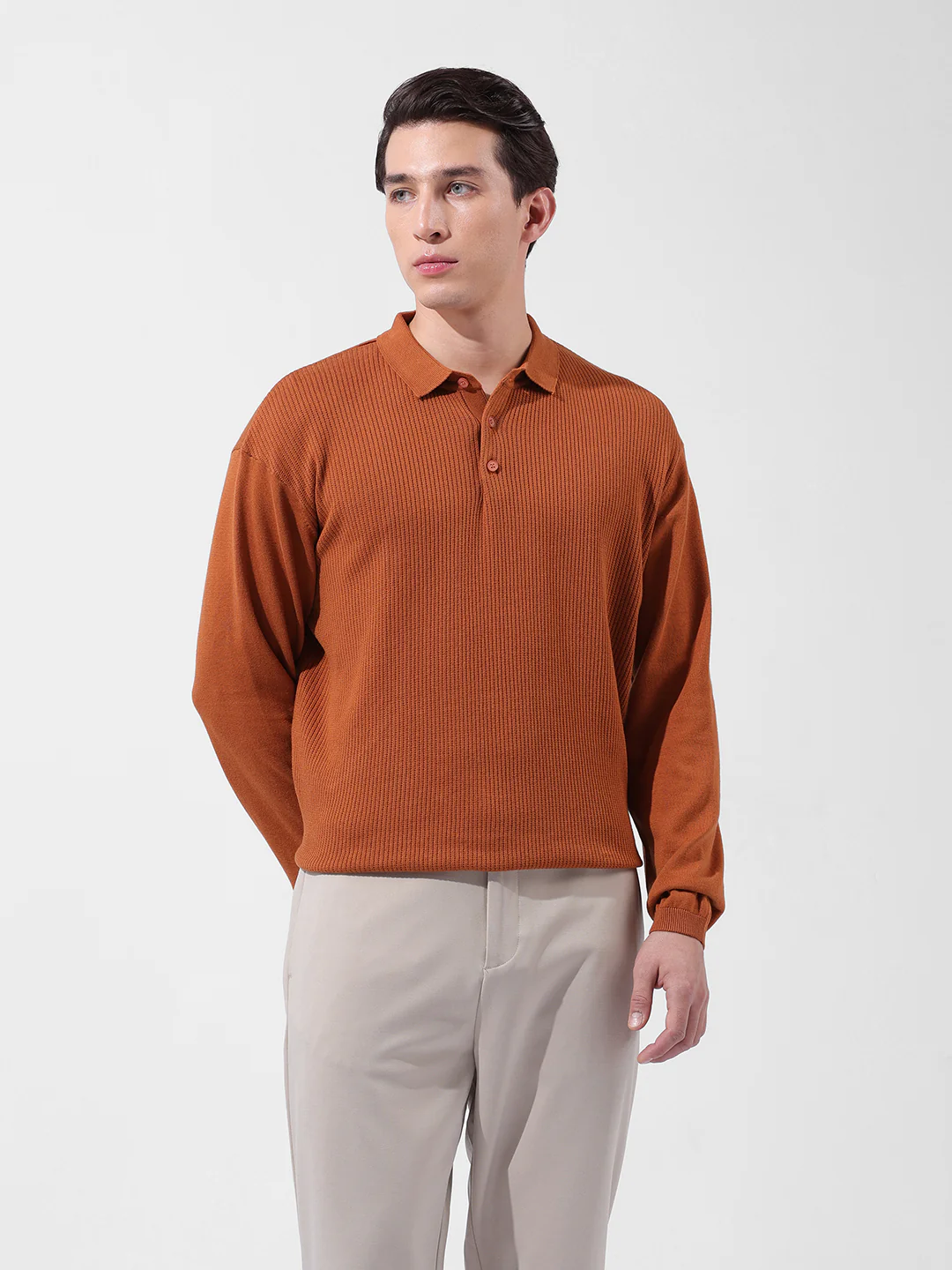Men's Rust Oversized Fit Striped Flat Knit T-Shirt - Image 7
