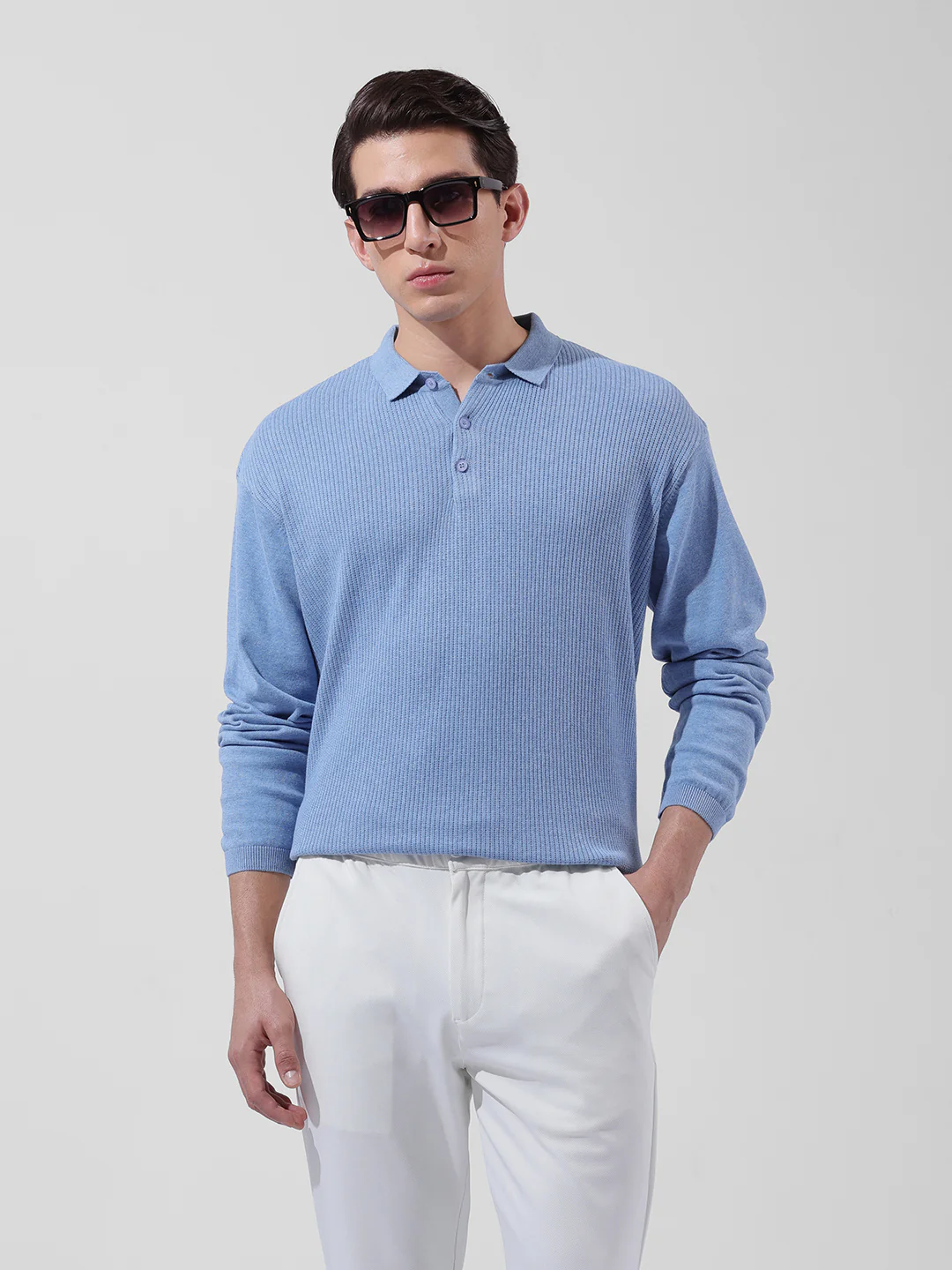 Men's Blue Oversized Fit Striped Flat Knit T-Shirt - Image 2