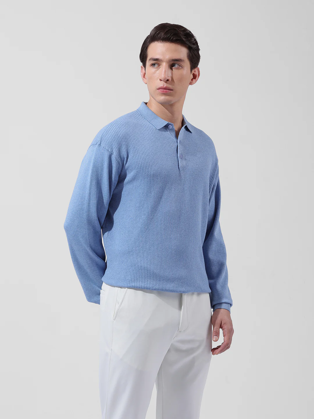 Men's Blue Oversized Fit Striped Flat Knit T-Shirt - Image 3