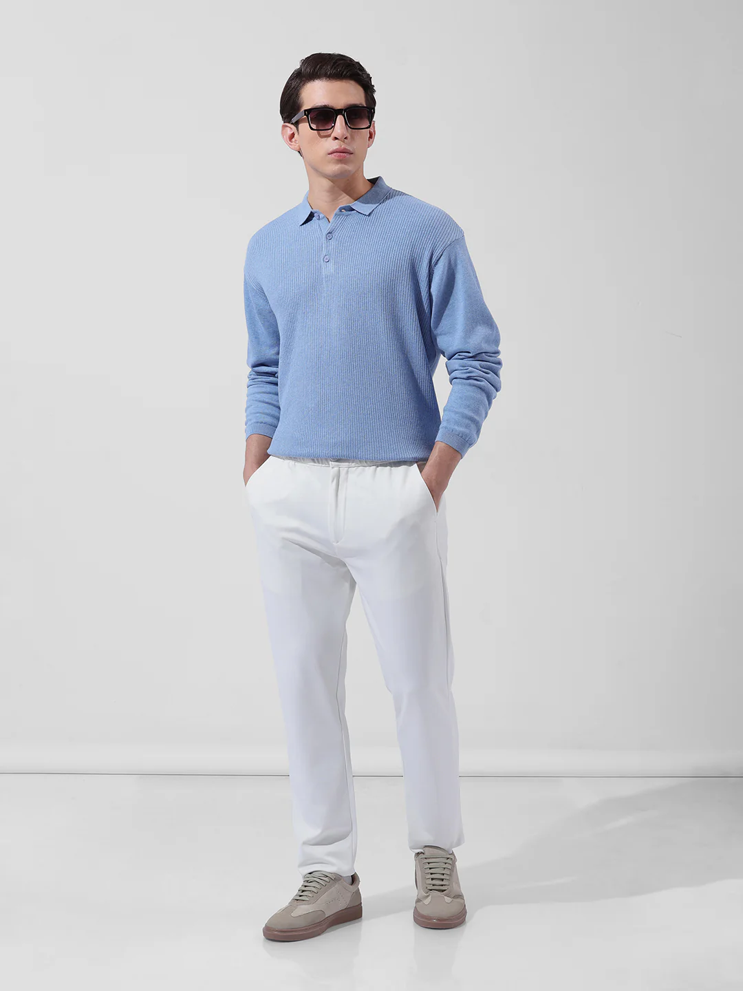 Men's Blue Oversized Fit Striped Flat Knit T-Shirt - Image 8