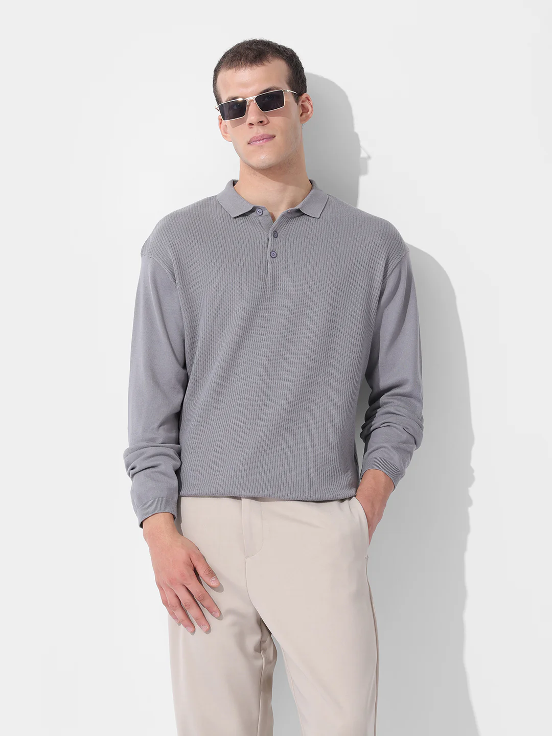 Men's Grey Oversized Fit Striped Flat Knit T-Shirt - Image 2