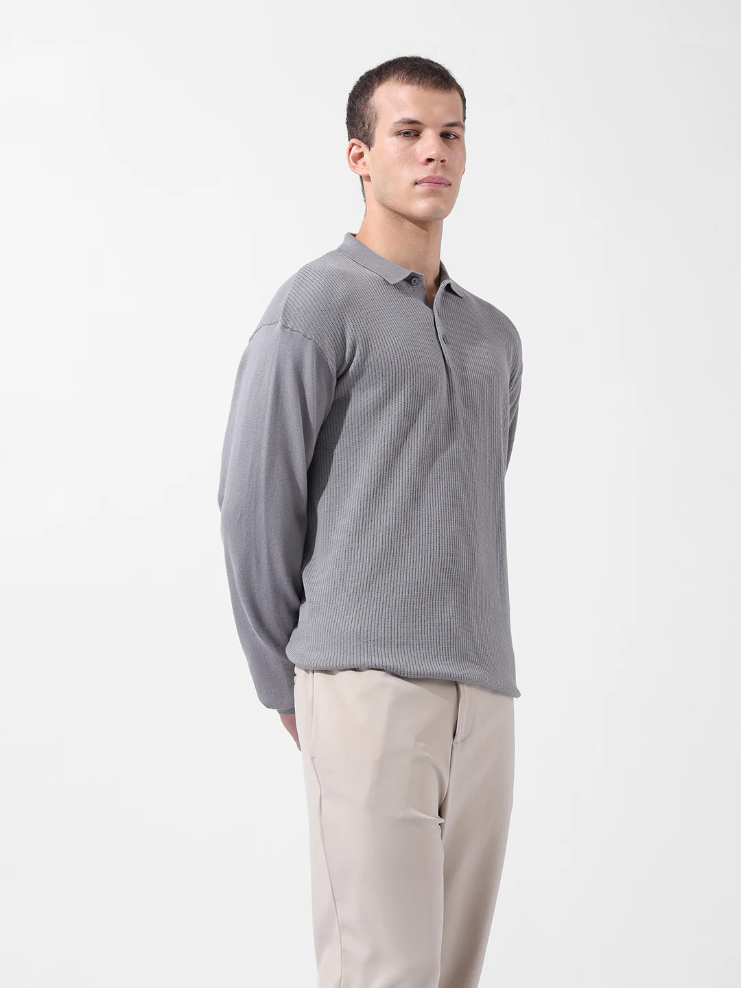 Men's Grey Oversized Fit Striped Flat Knit T-Shirt - Image 3