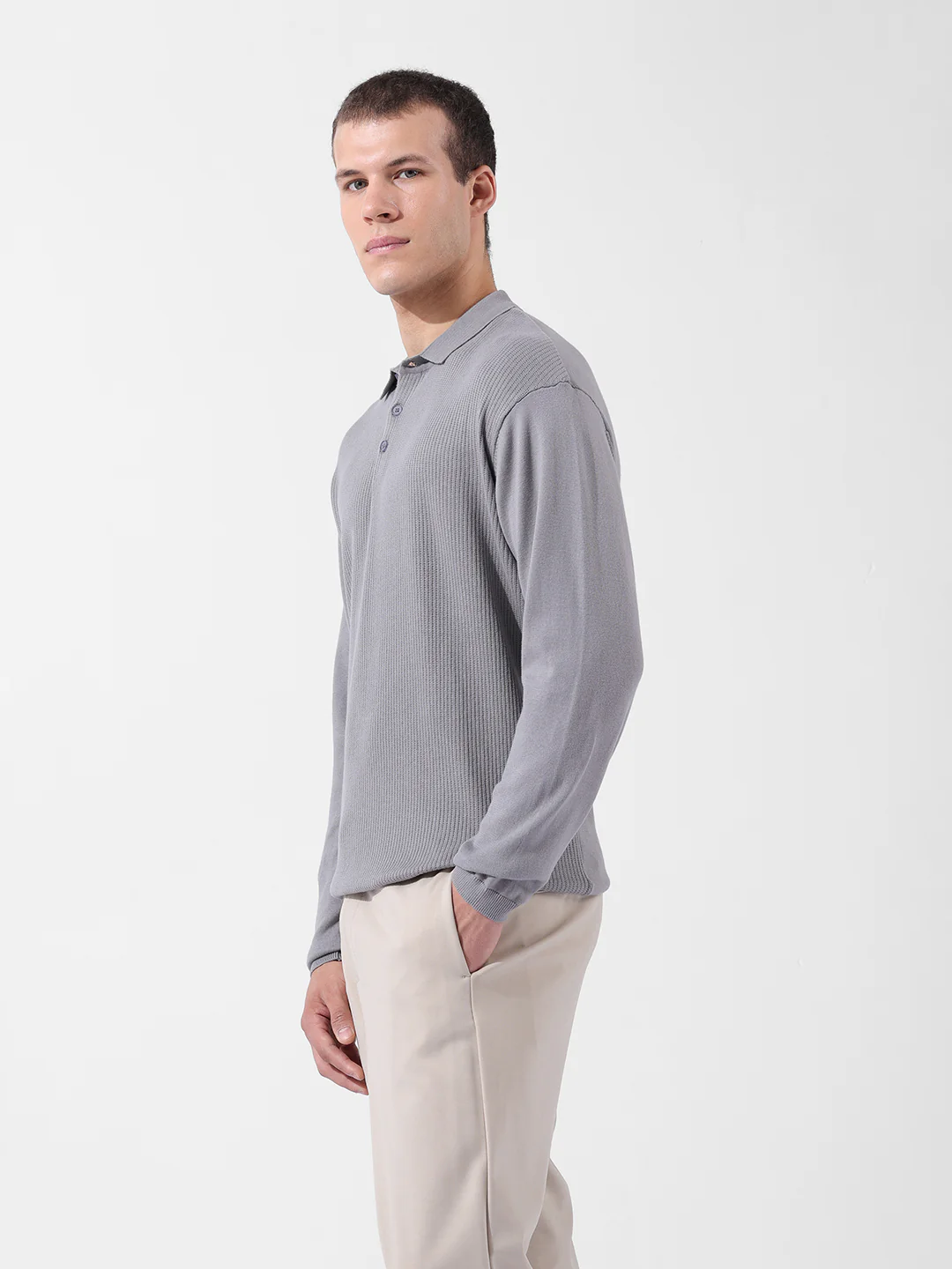 Men's Grey Oversized Fit Striped Flat Knit T-Shirt - Image 4