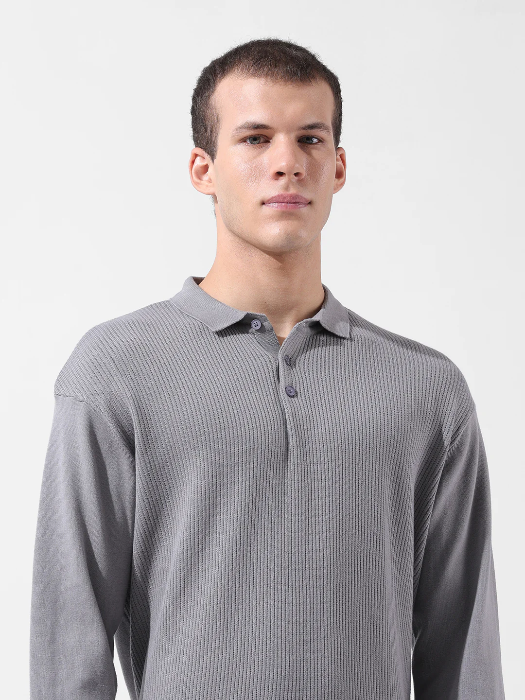 Men's Grey Oversized Fit Striped Flat Knit T-Shirt - Image 6