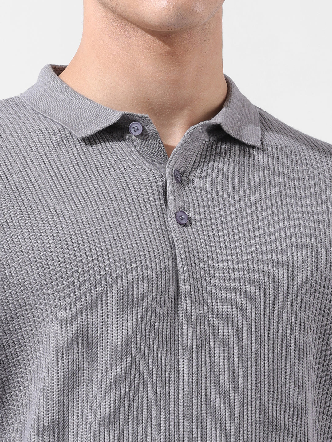 Men's Grey Oversized Fit Striped Flat Knit T-Shirt - Image 7