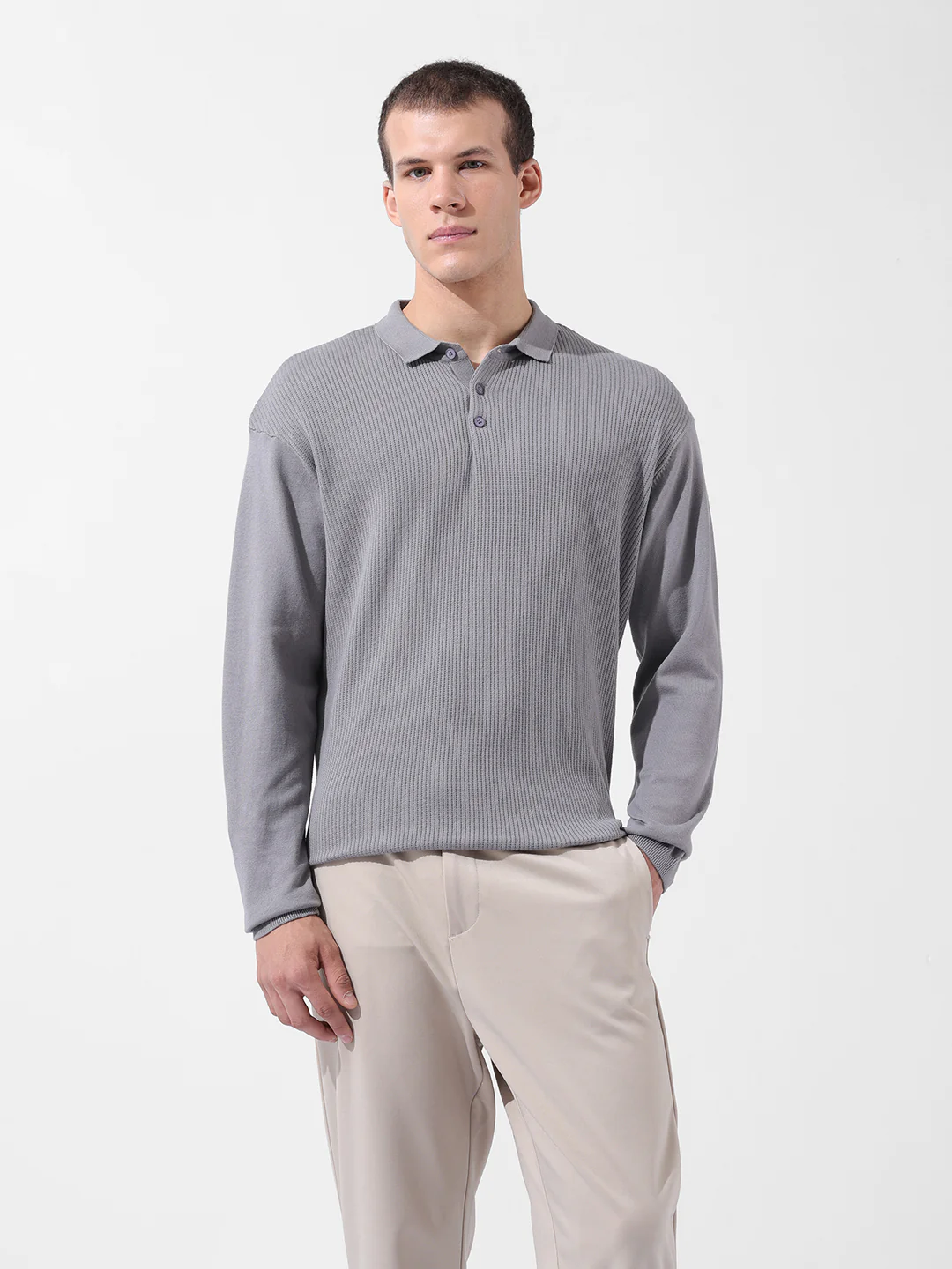 Men's Grey Oversized Fit Striped Flat Knit T-Shirt - Image 8