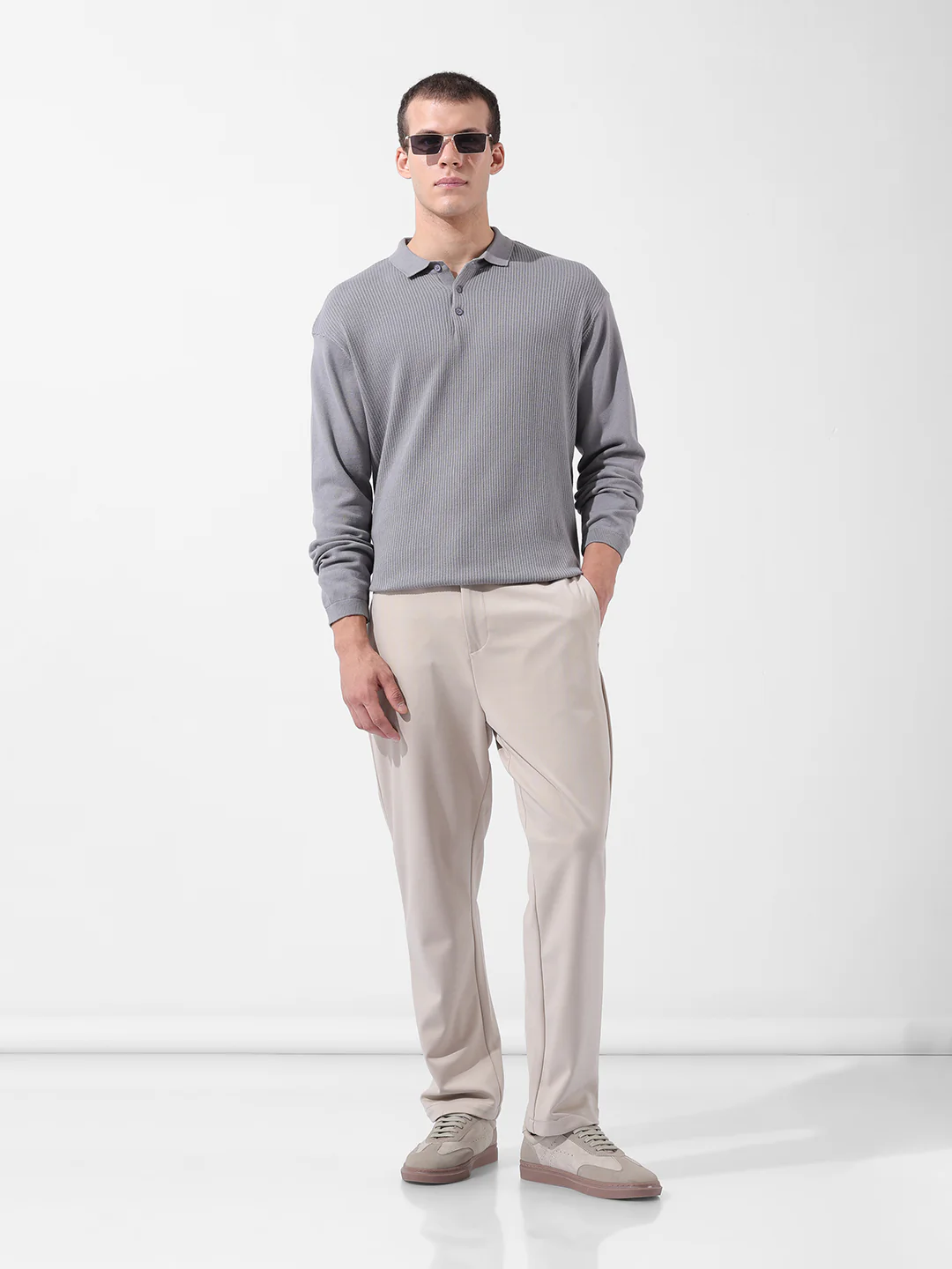 Men's Grey Oversized Fit Striped Flat Knit T-Shirt - Image 9