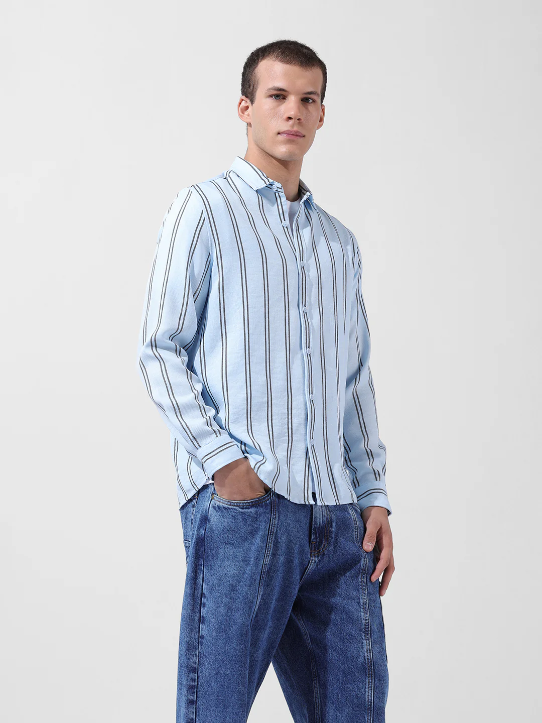 Men's Blue Regular Fit Striped Casual Shirt - Image 2