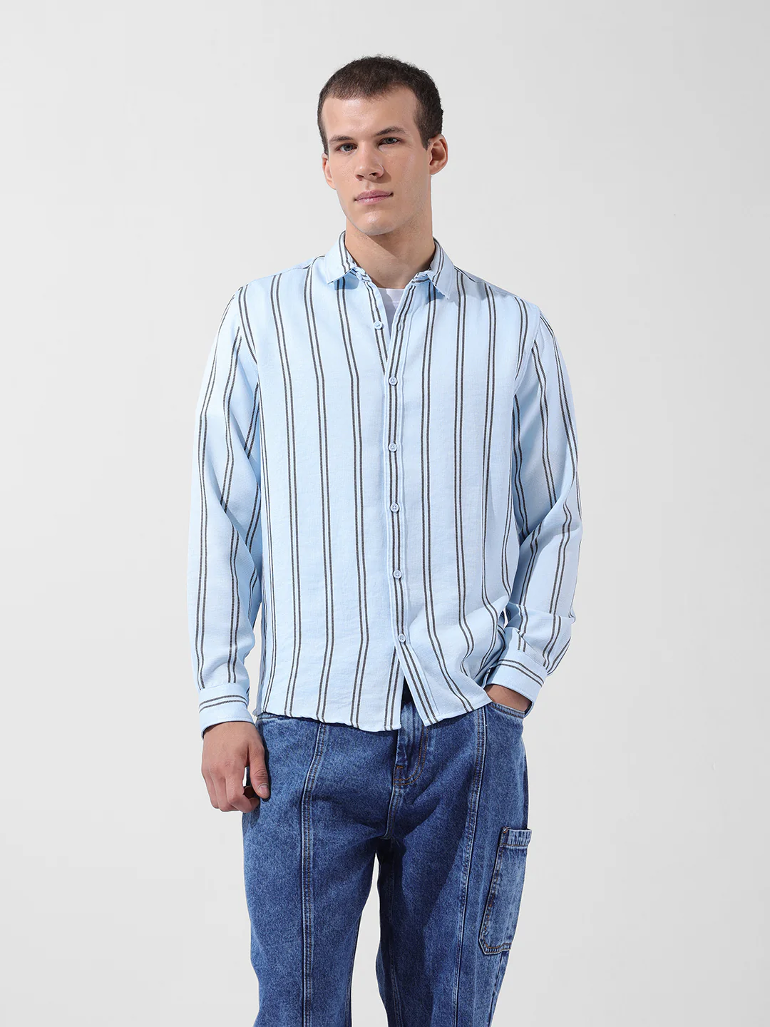 Men's Blue Regular Fit Striped Casual Shirt - Image 7