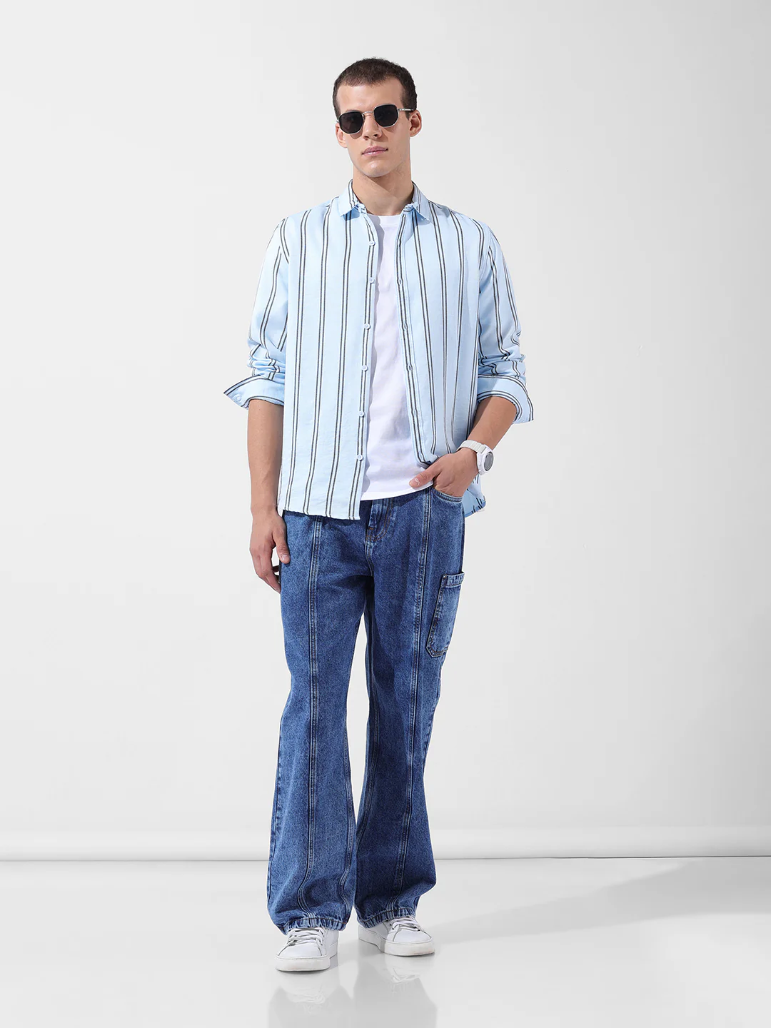 Men's Blue Regular Fit Striped Casual Shirt - Image 8