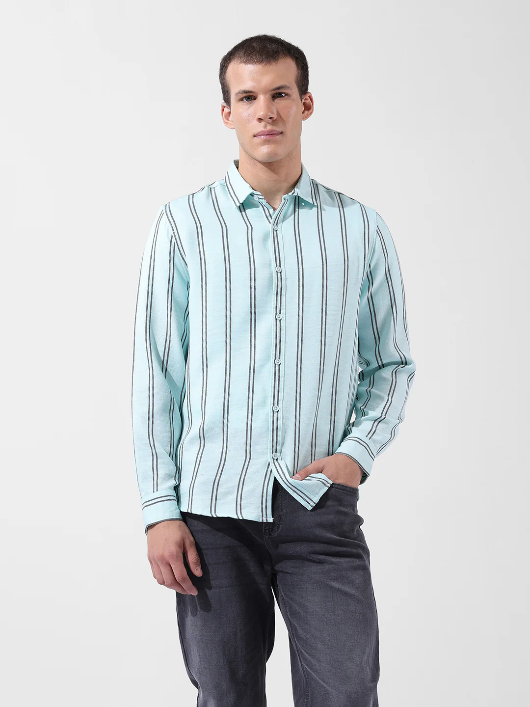Men's Green Regular Fit Striped Casual Shirt - Image 7