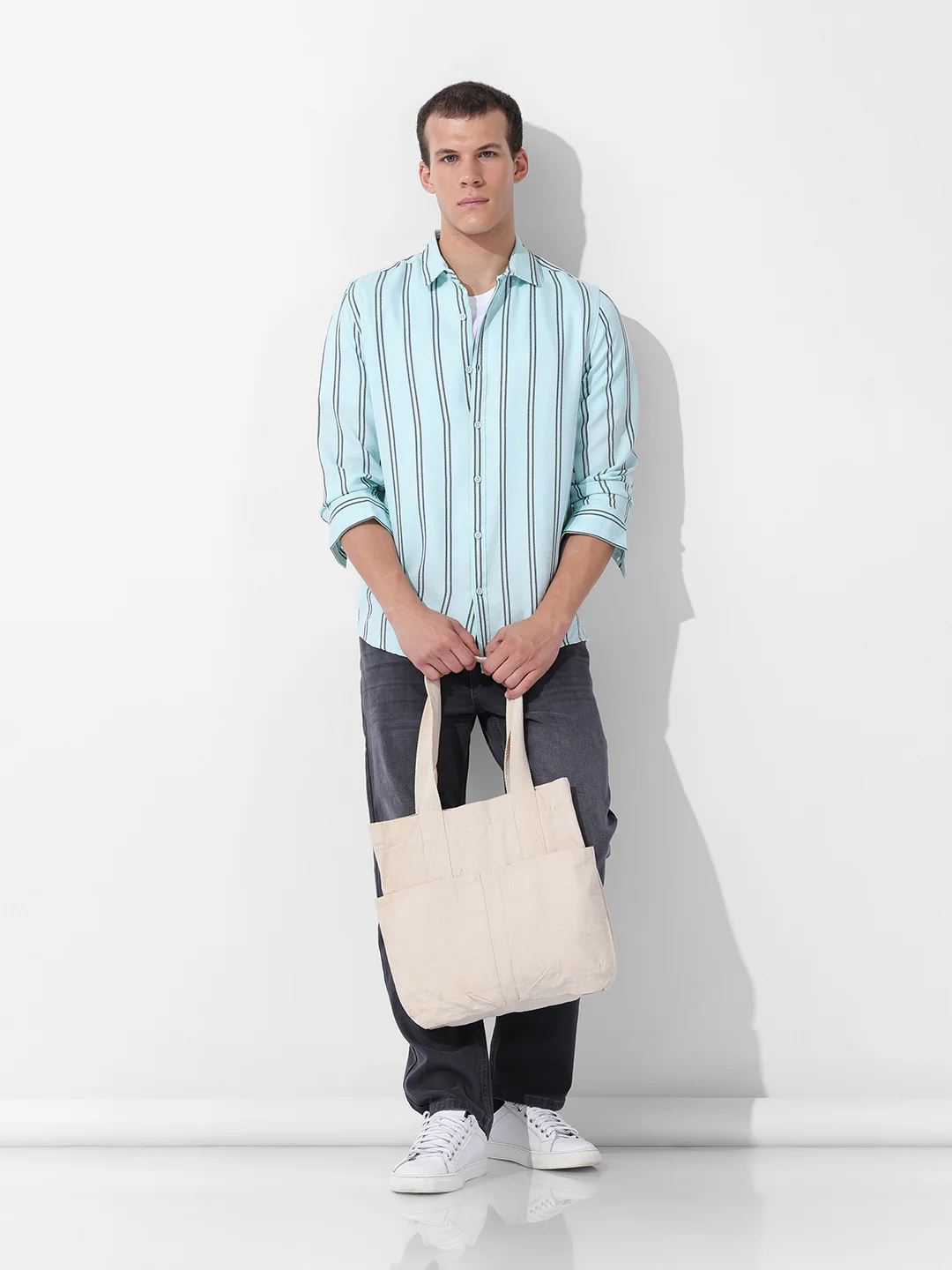 Men's Green Regular Fit Striped Casual Shirt - Image 8