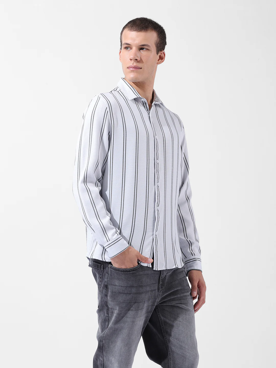 Men's White Regular Fit Striped Casual Shirt - Image 2