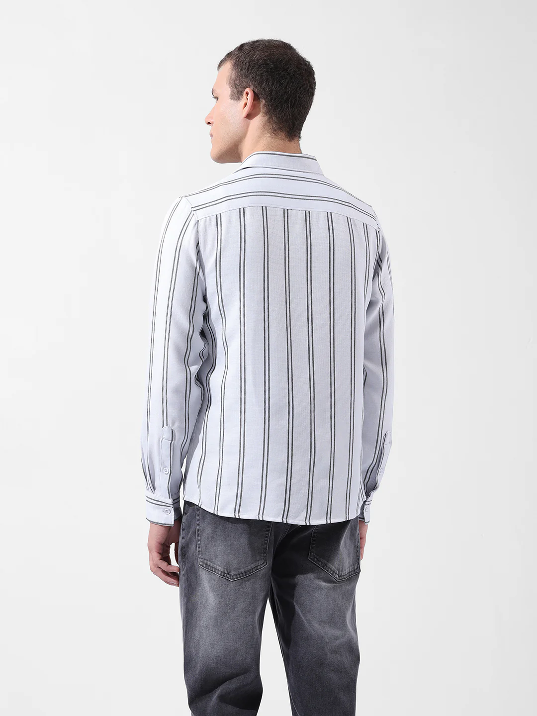 Men's White Regular Fit Striped Casual Shirt - Image 5
