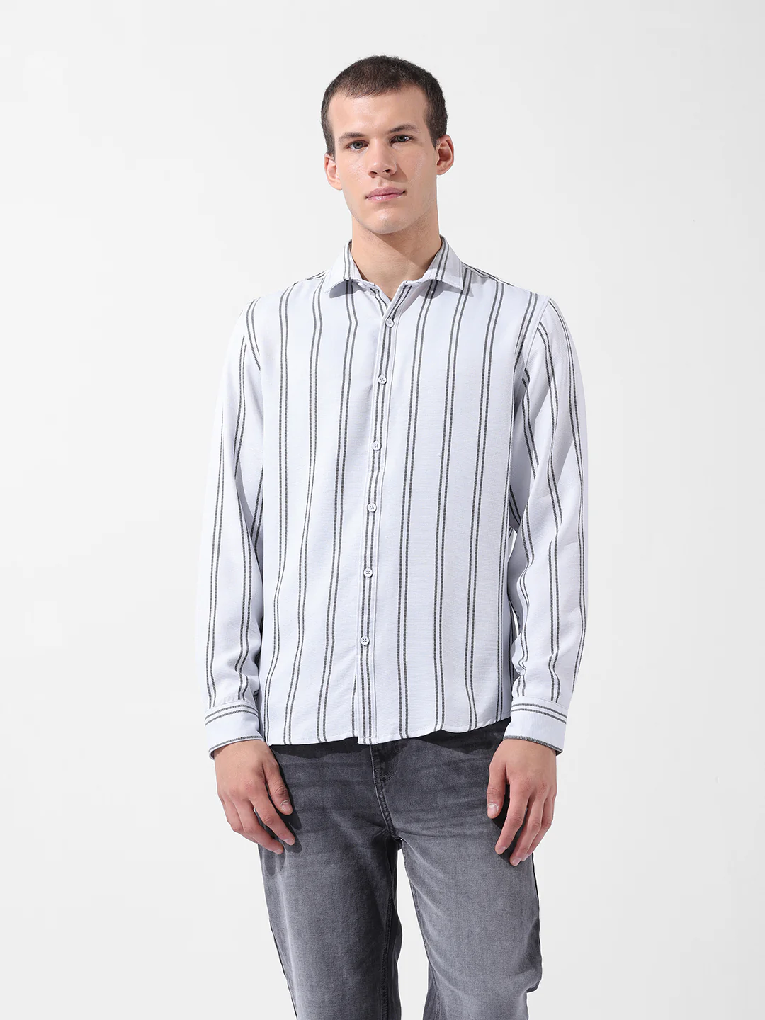 Men's White Regular Fit Striped Casual Shirt - Image 7