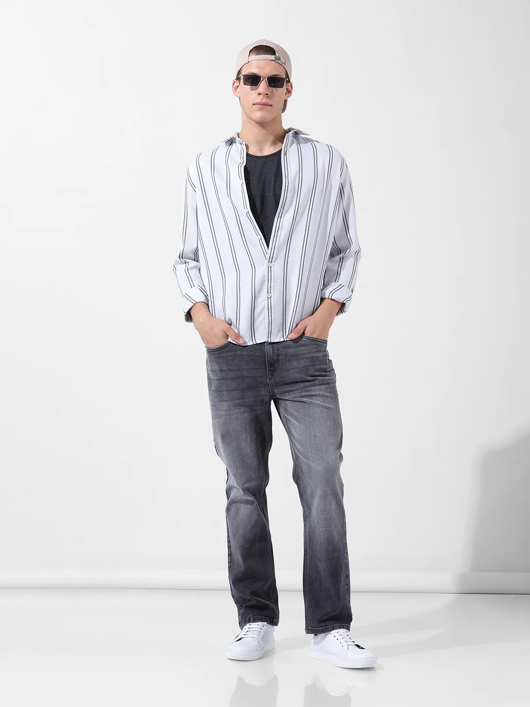Men's White Regular Fit Striped Casual Shirt - Image 8