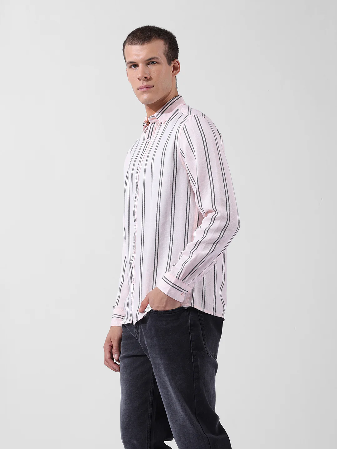 Men's Pink Regular Fit Striped Casual Shirt - Image 4