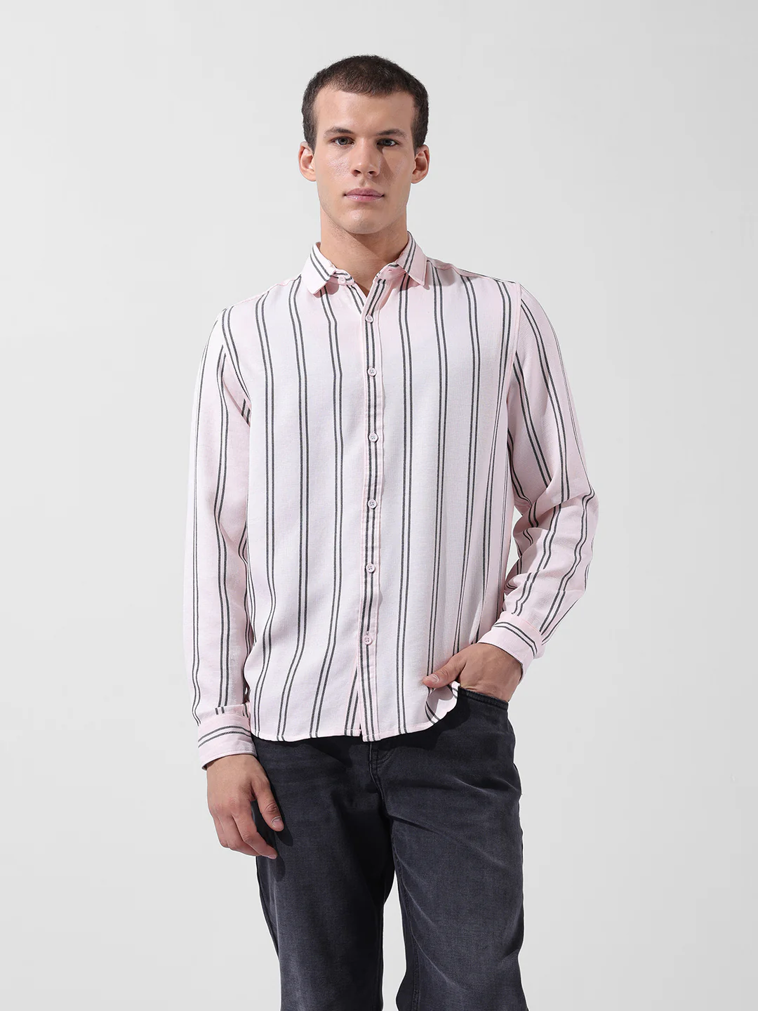 Men's Pink Regular Fit Striped Casual Shirt - Image 7