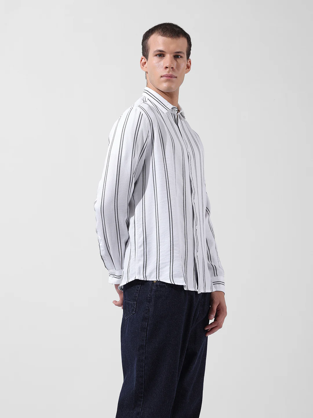 Men's White Regular Fit Striped Casual Shirt - Image 2