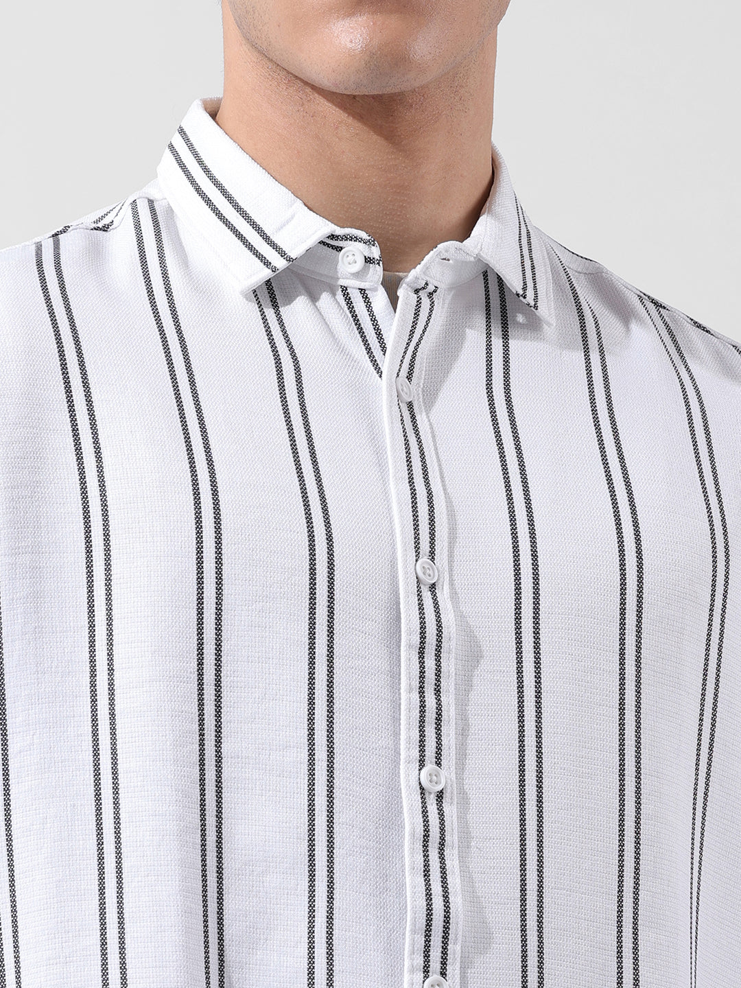 Men's White Regular Fit Striped Casual Shirt - Image 3