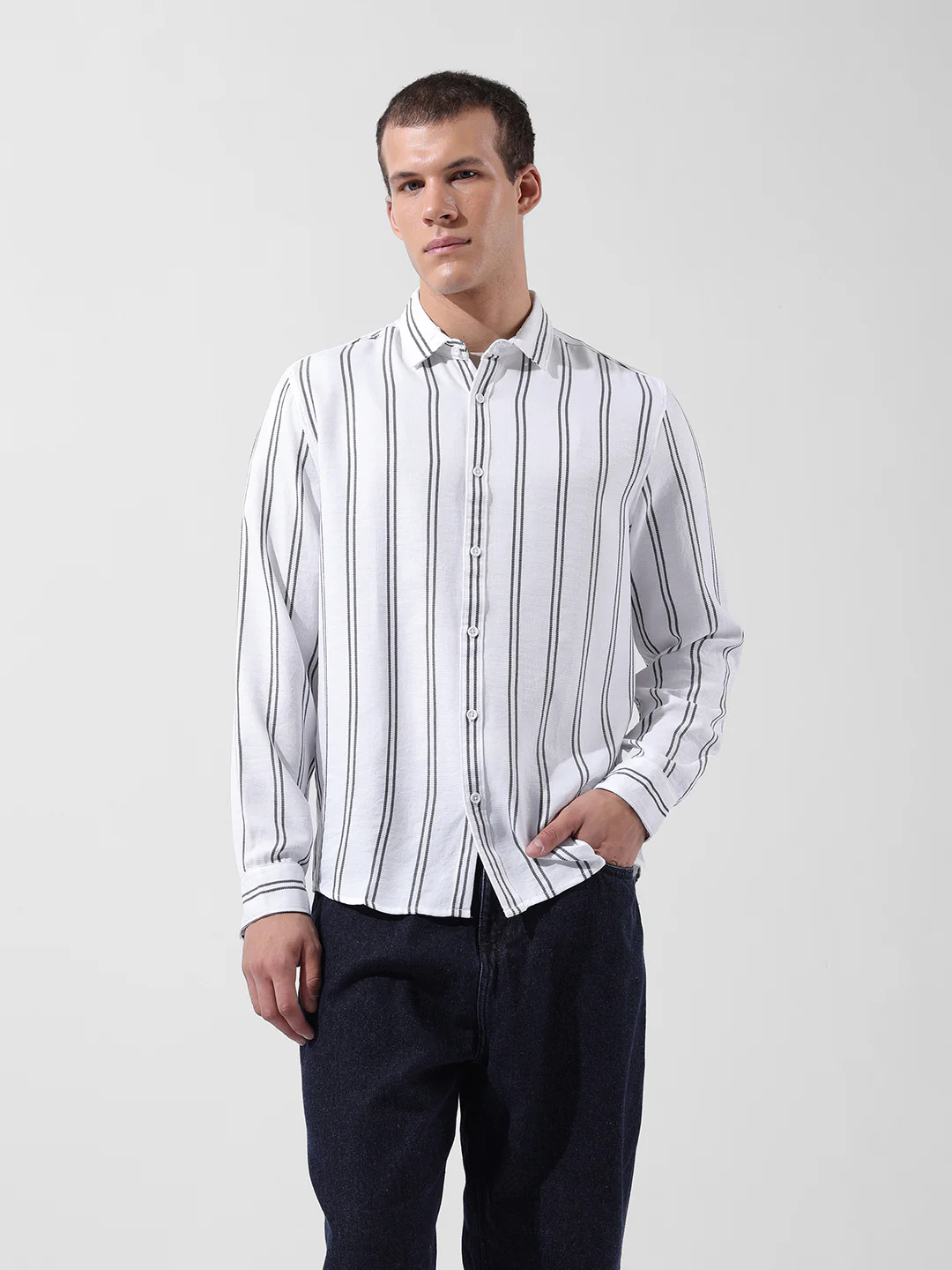 Men's White Regular Fit Striped Casual Shirt - Image 7
