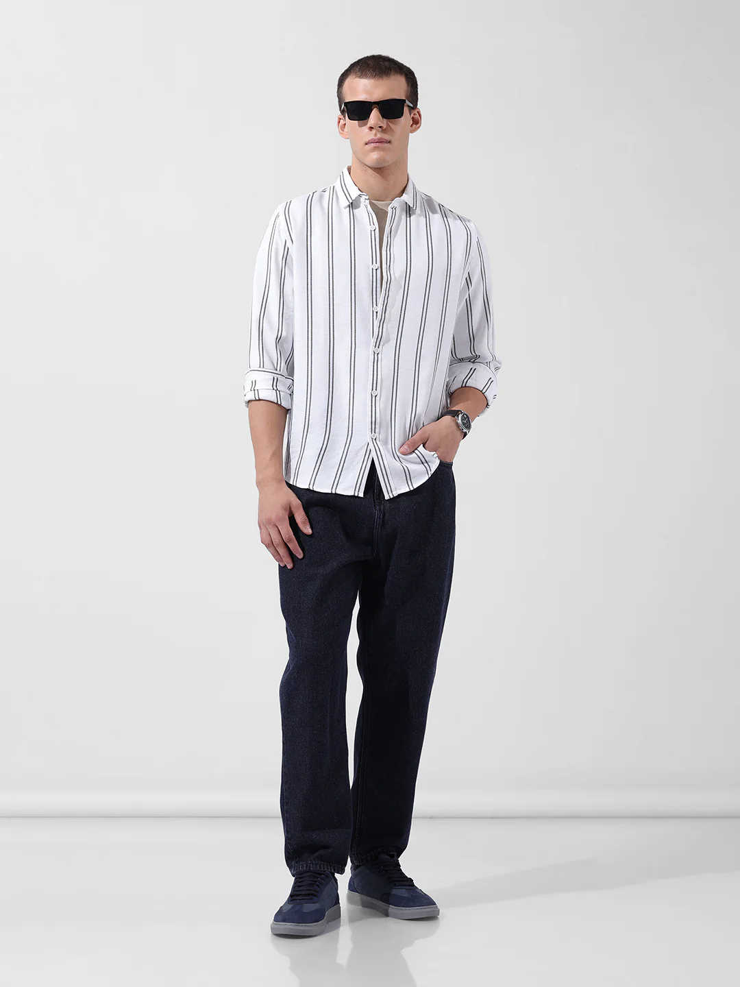 Men's White Regular Fit Striped Casual Shirt - Image 8