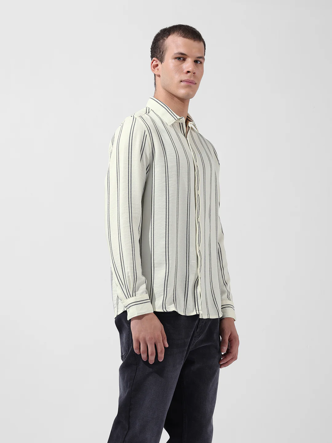 Men's Yellow Regular Fit Striped Casual Shirt - Image 2
