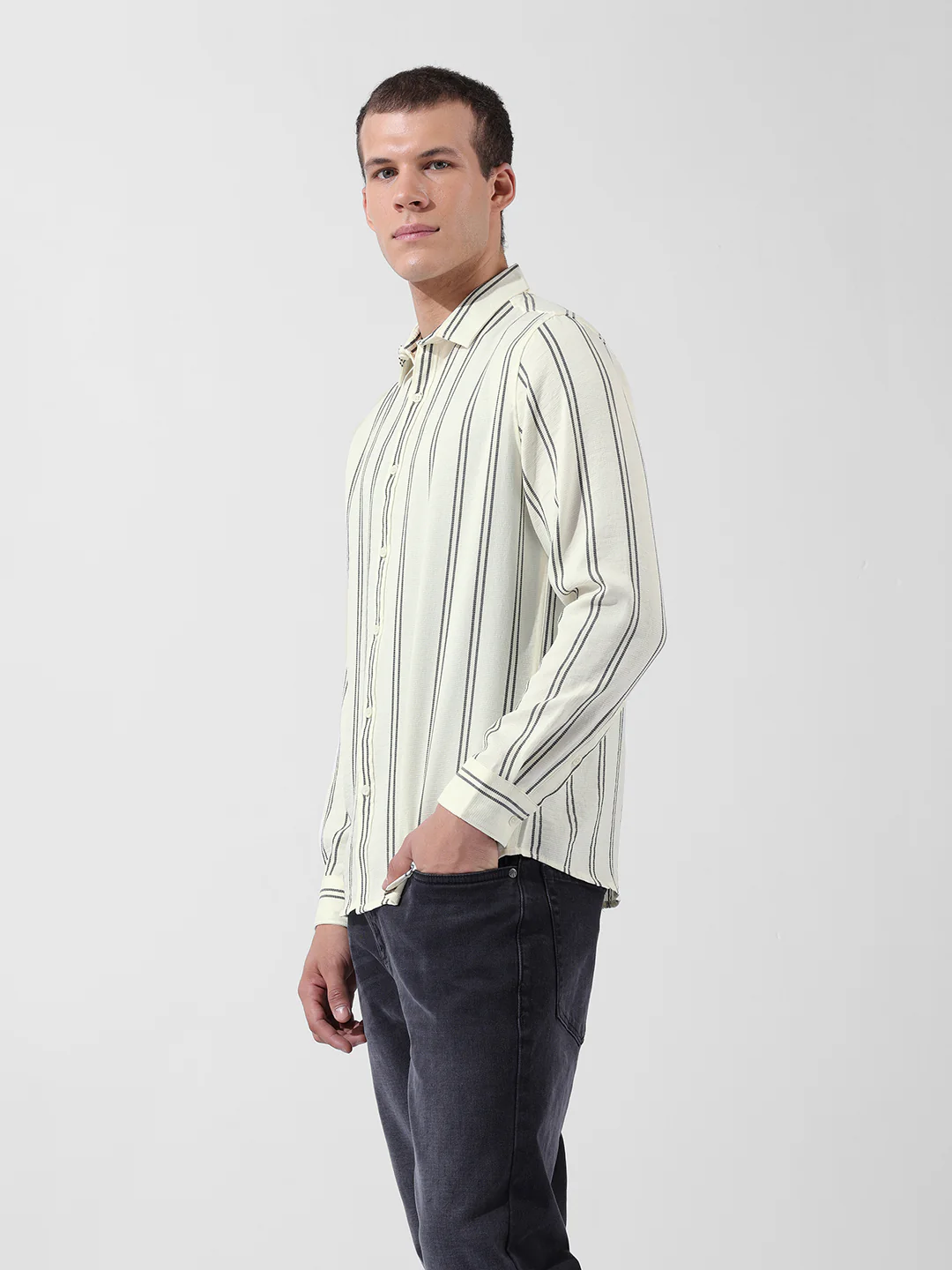 Men's Yellow Regular Fit Striped Casual Shirt - Image 4
