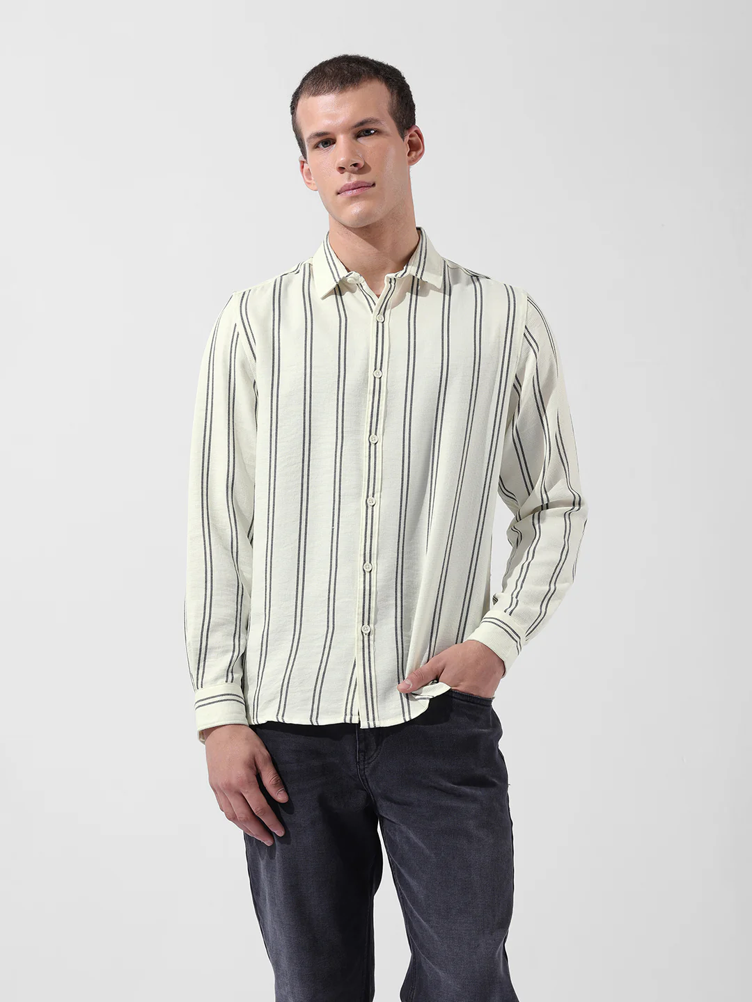 Men's Yellow Regular Fit Striped Casual Shirt - Image 7