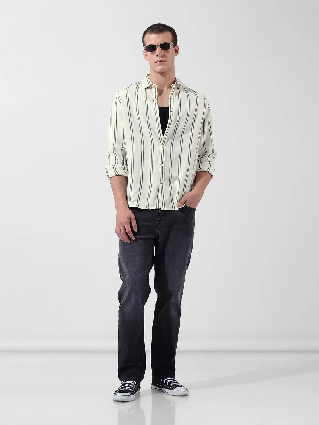 Men's Yellow Regular Fit Striped Casual Shirt - Image 8