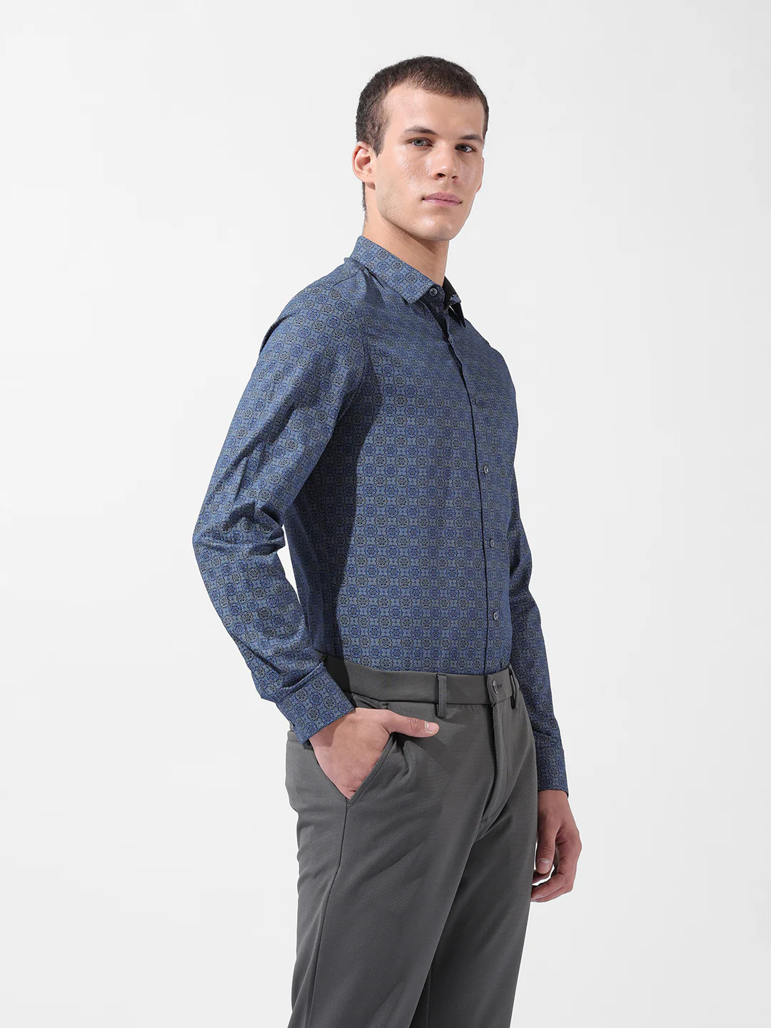 Men's Blue Slim Fit Printed Party Wear Shirt - Image 2