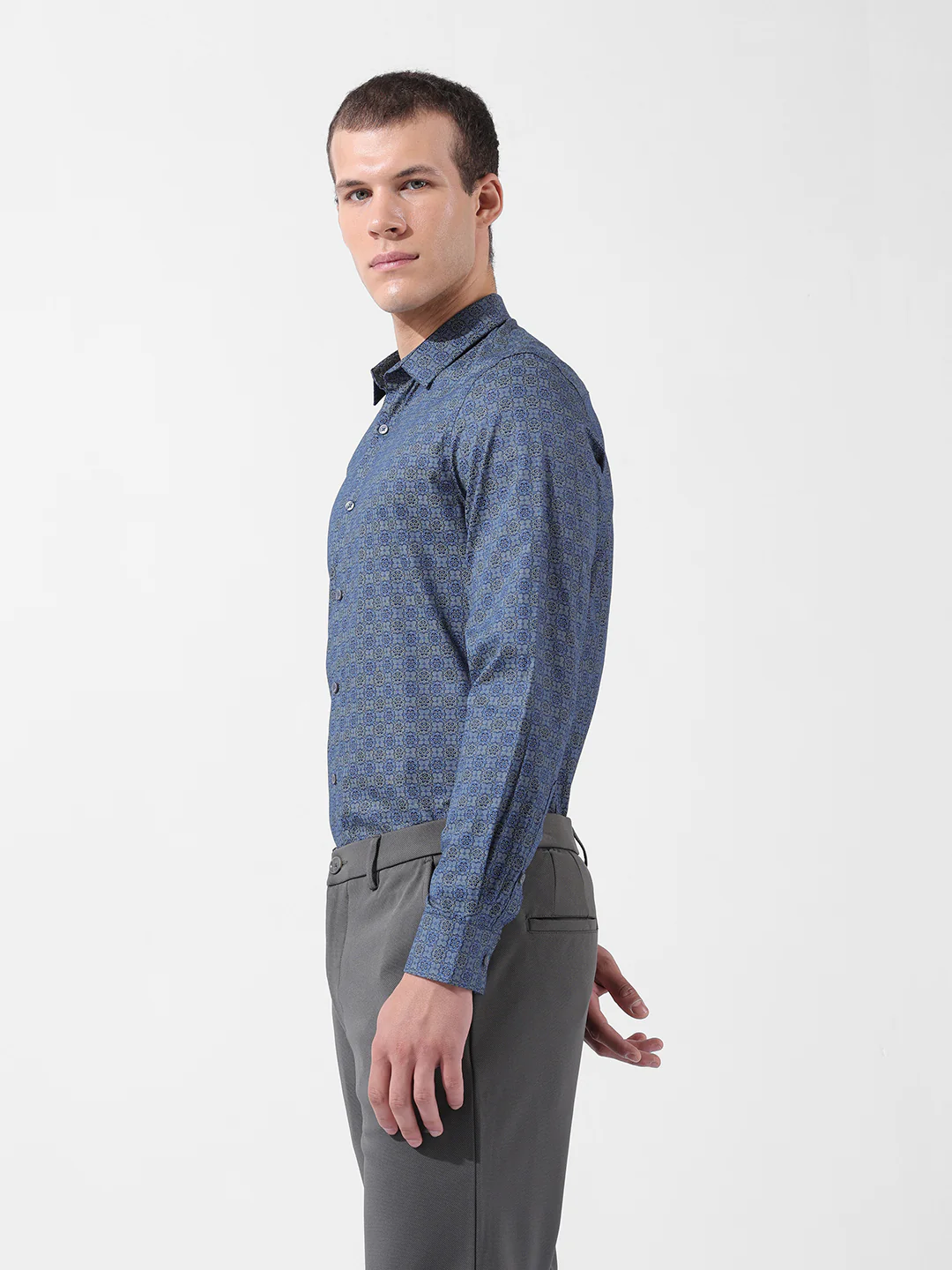 Men's Blue Slim Fit Printed Party Wear Shirt - Image 4