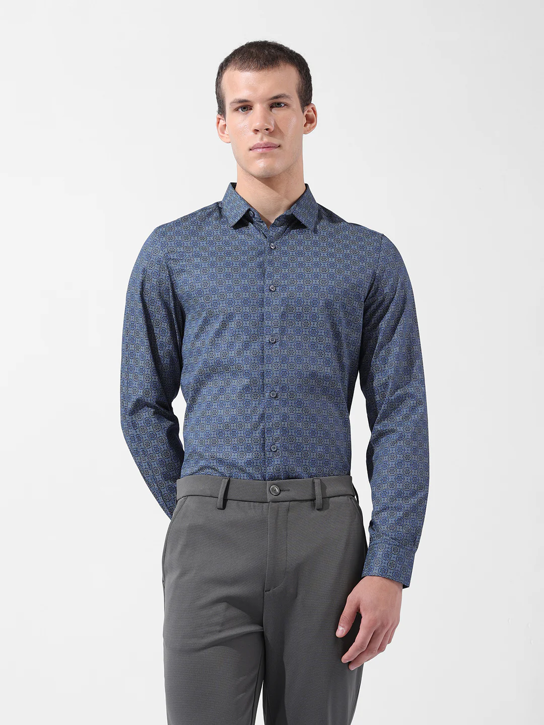 Men's Blue Slim Fit Printed Party Wear Shirt - Image 7
