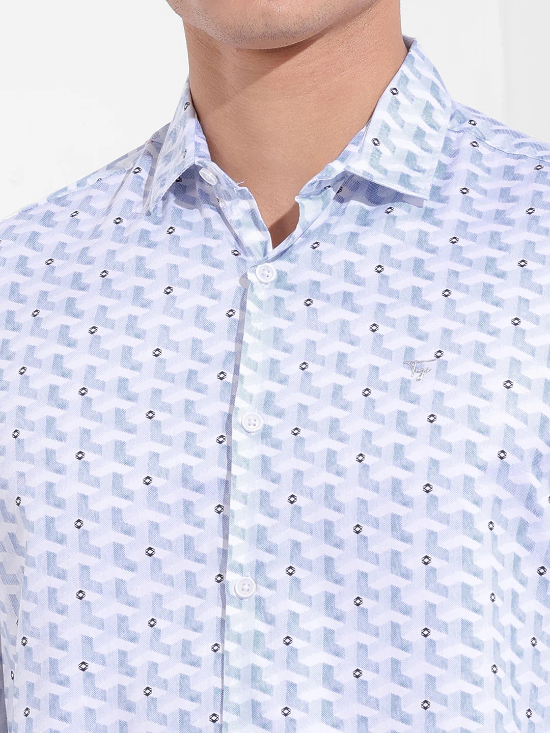 Men's Blue Slim Fit Geometric Print Printed Shirt - Image 6
