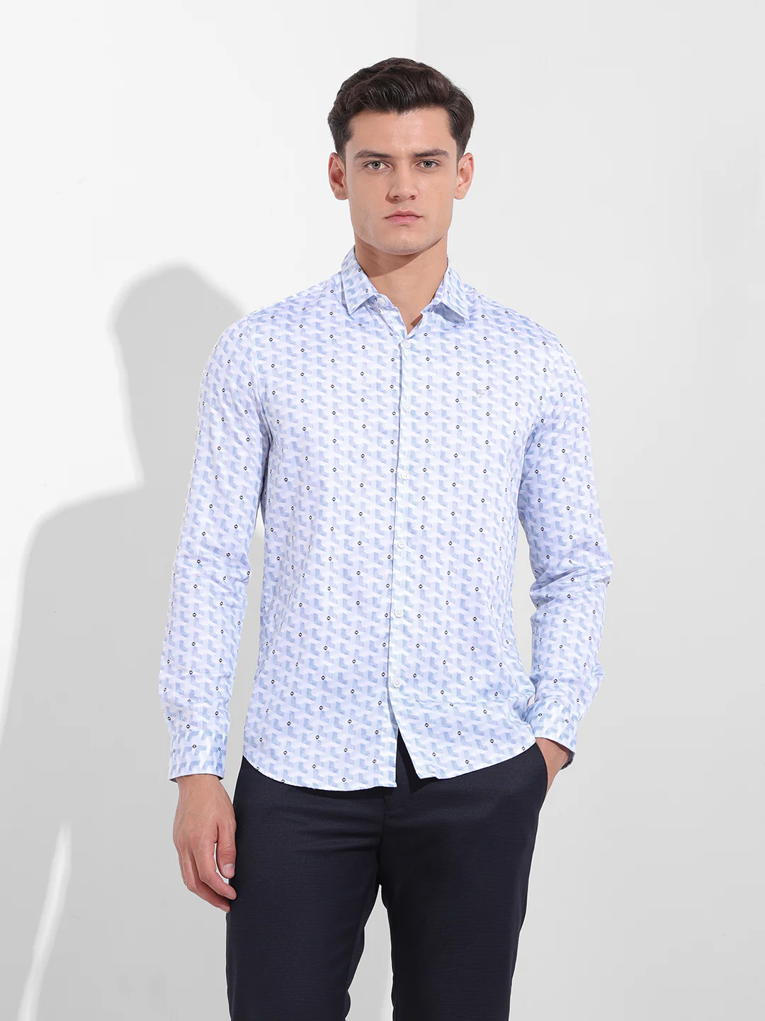 Men's Blue Slim Fit Geometric Print Printed Shirt - Image 7