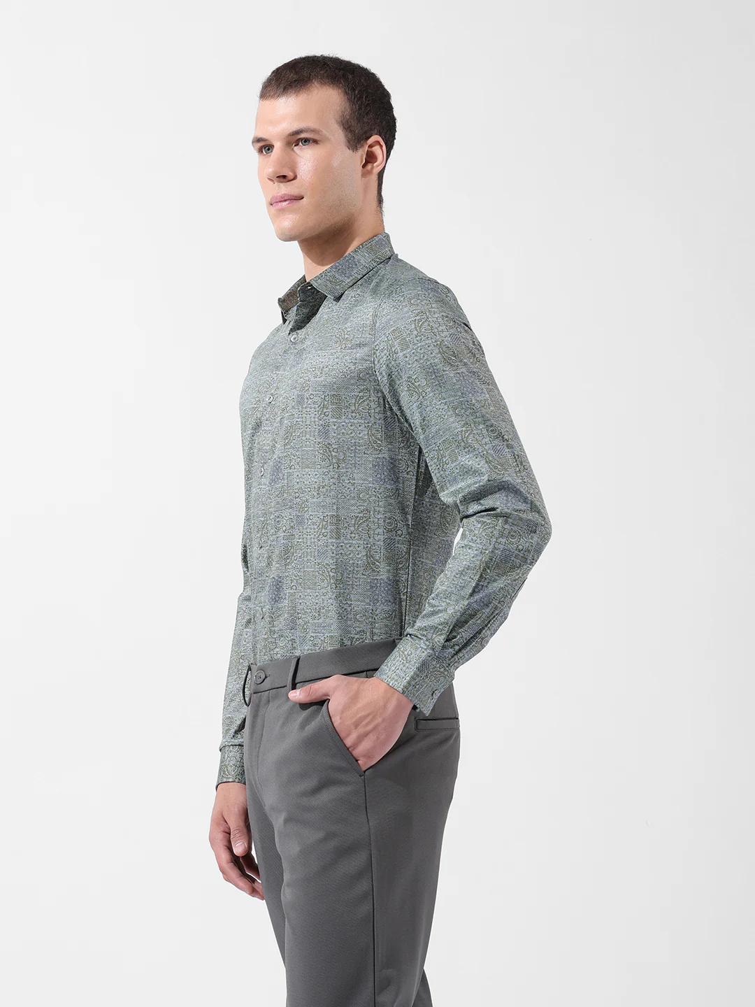 Men's Green Slim Fit Printed Party Wear Shirt - Image 4