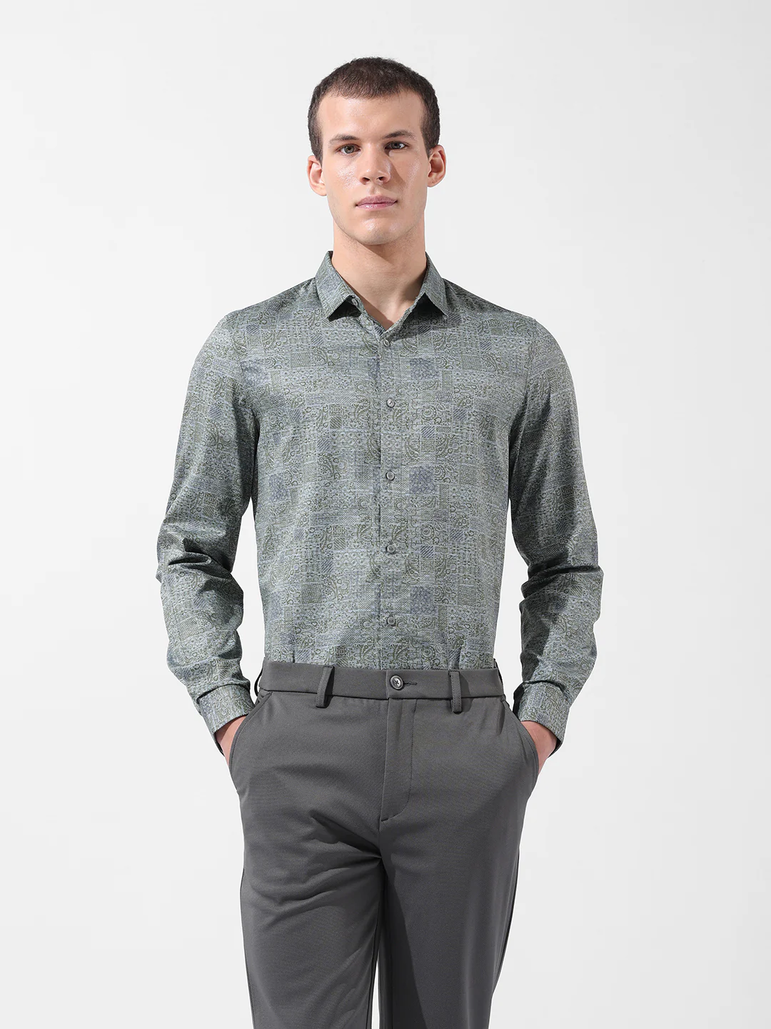 Men's Green Slim Fit Printed Party Wear Shirt - Image 7