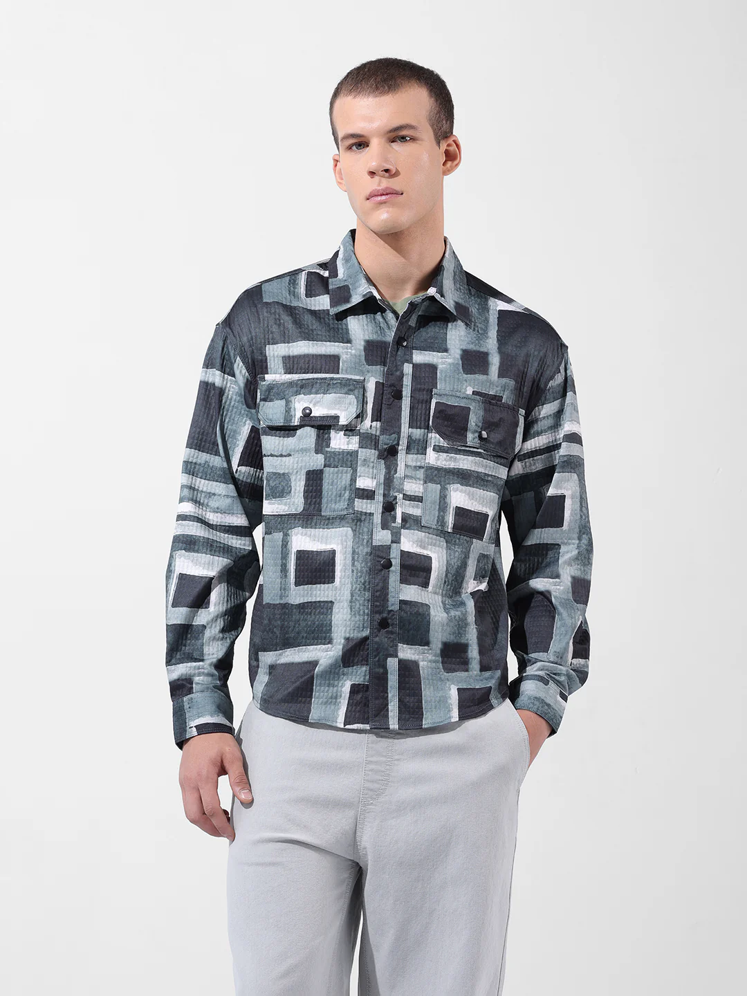 Men's Green Regular Fit Printed Textured Shirt - Image 7