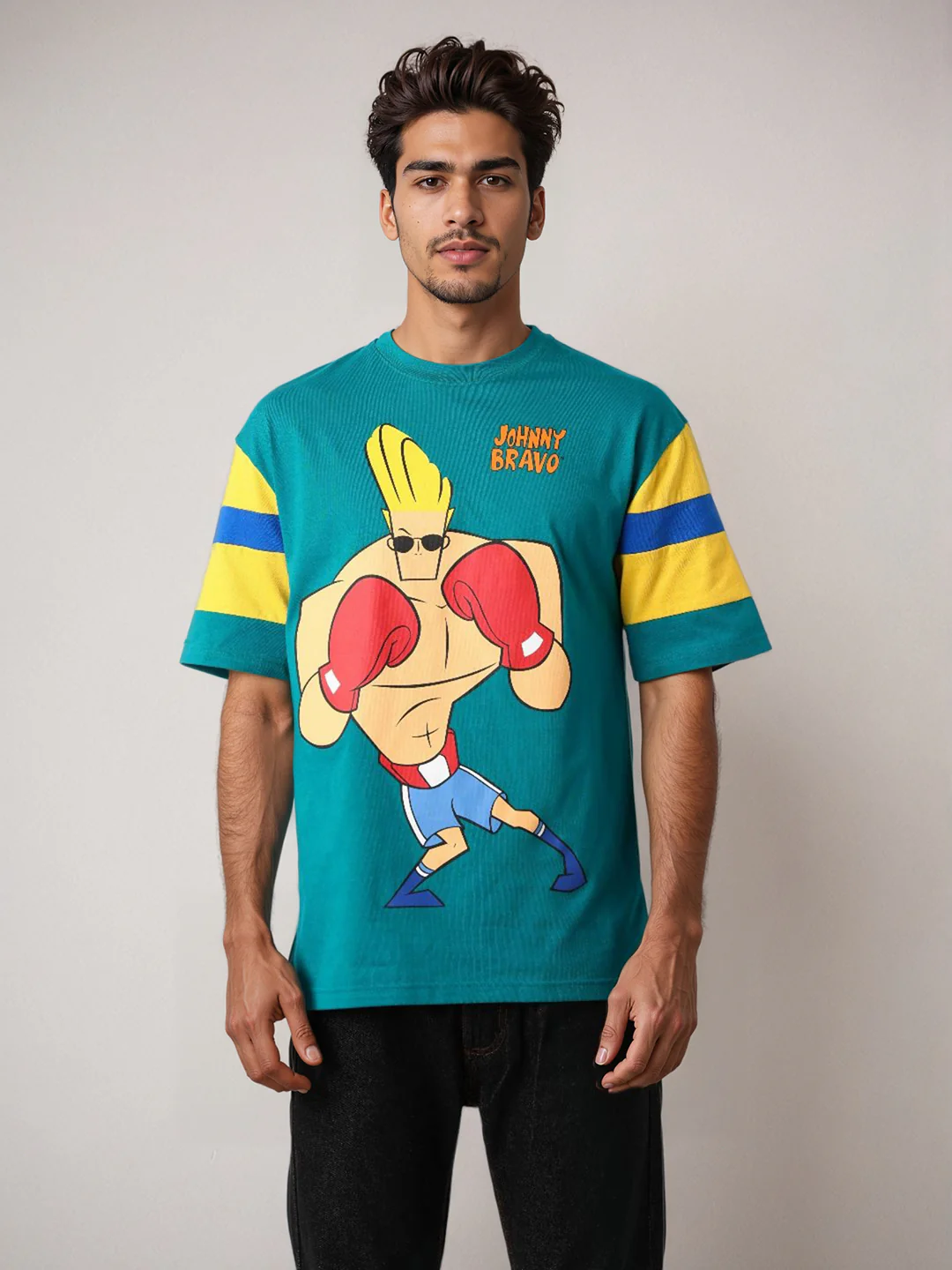 Men's Green Boxy Fit Character Johnny Bravo Printed Crew Neck T-Shirt - Image 2